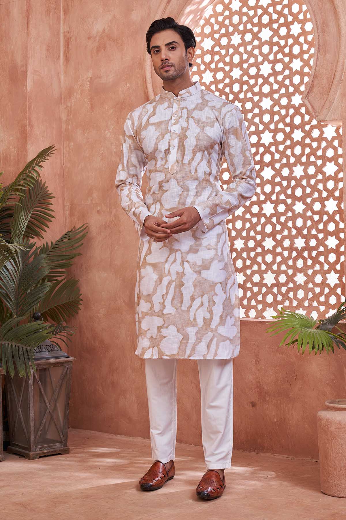 Buy White Brown Print Cotton Kurta by SNEHA B - Men for online at ScrollnShops