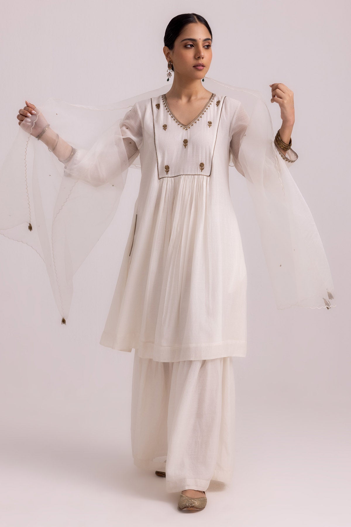 Buy Designer White Chanderi Flared Kurta Set Online at ScrollnShops