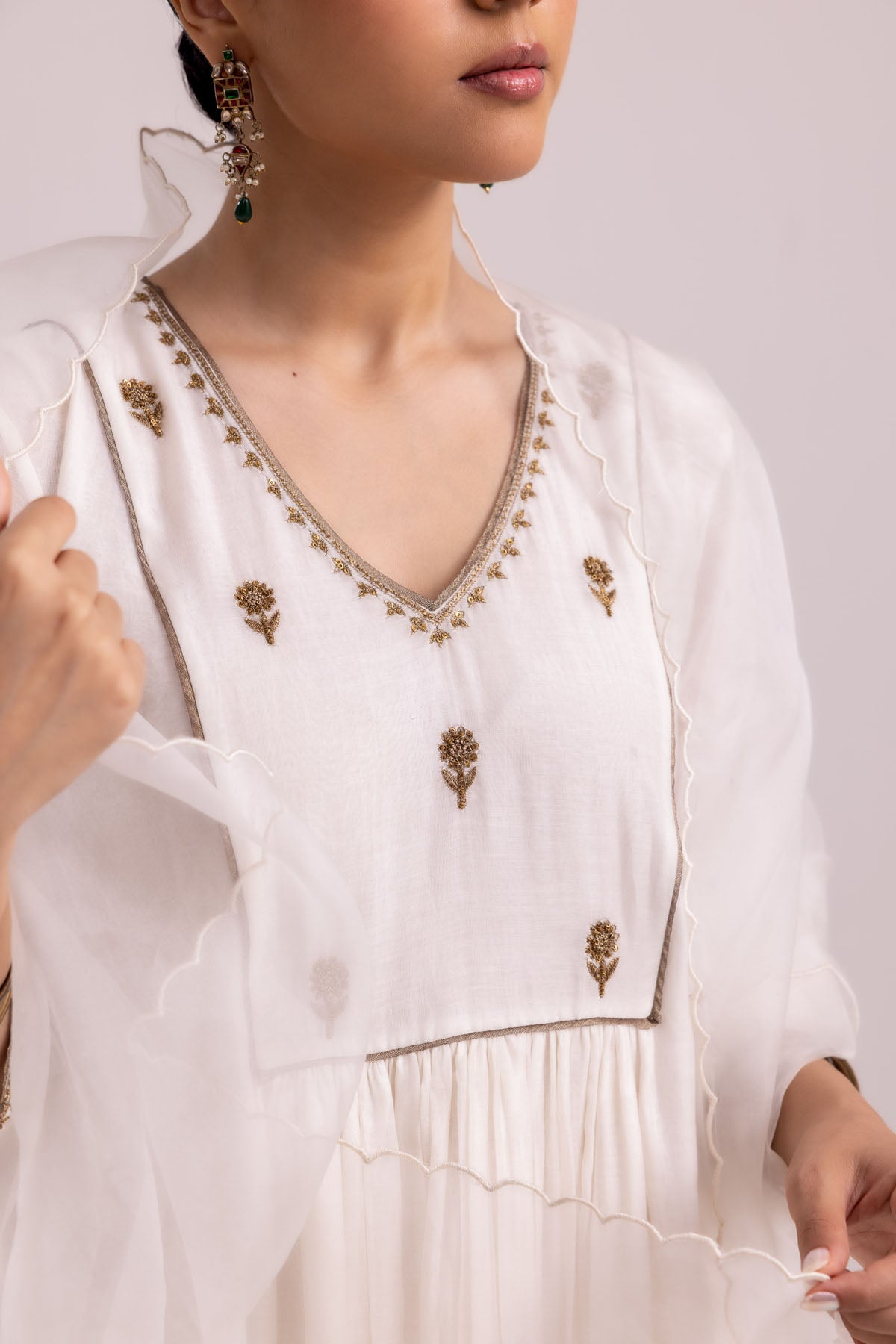 White Chanderi Flared Kurta Set