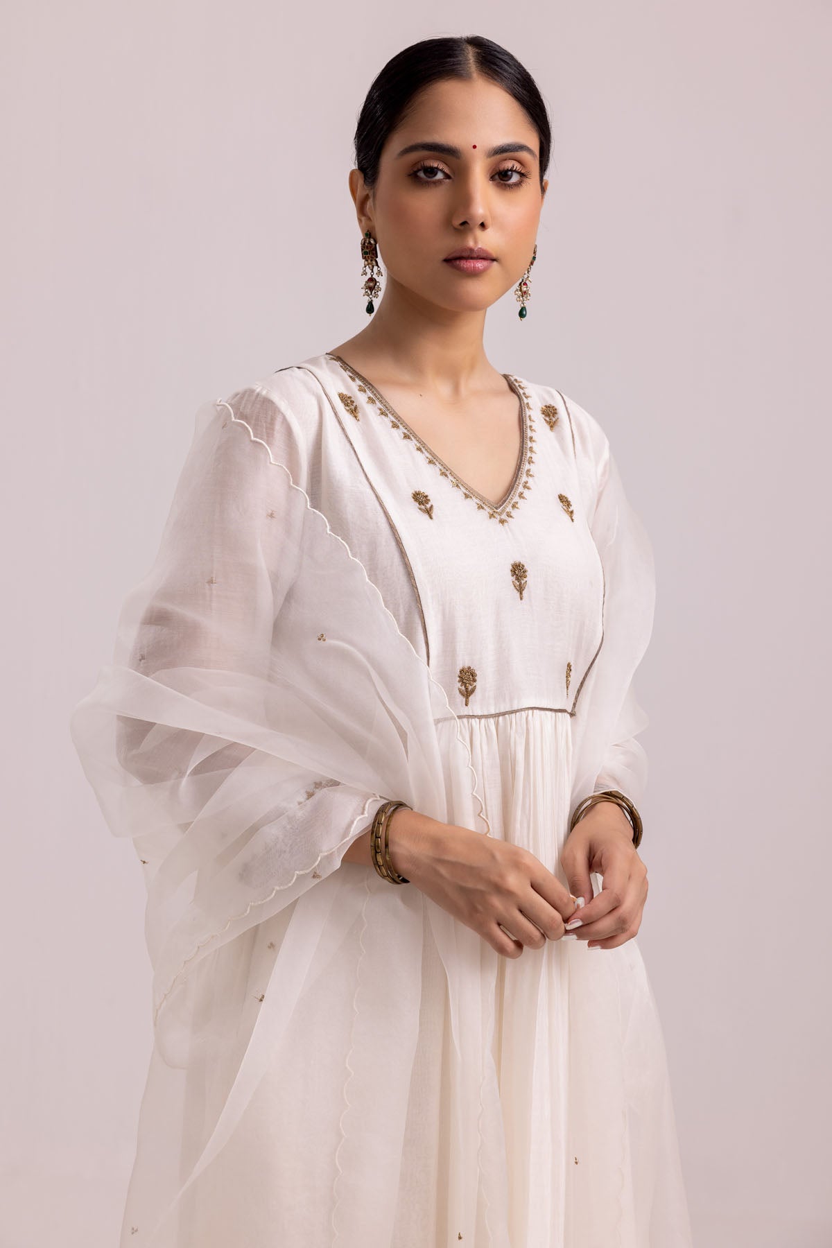 White Chanderi Flared Kurta Set