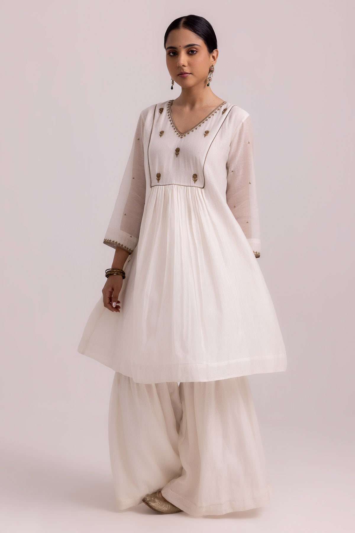 White Chanderi Flared Kurta Set