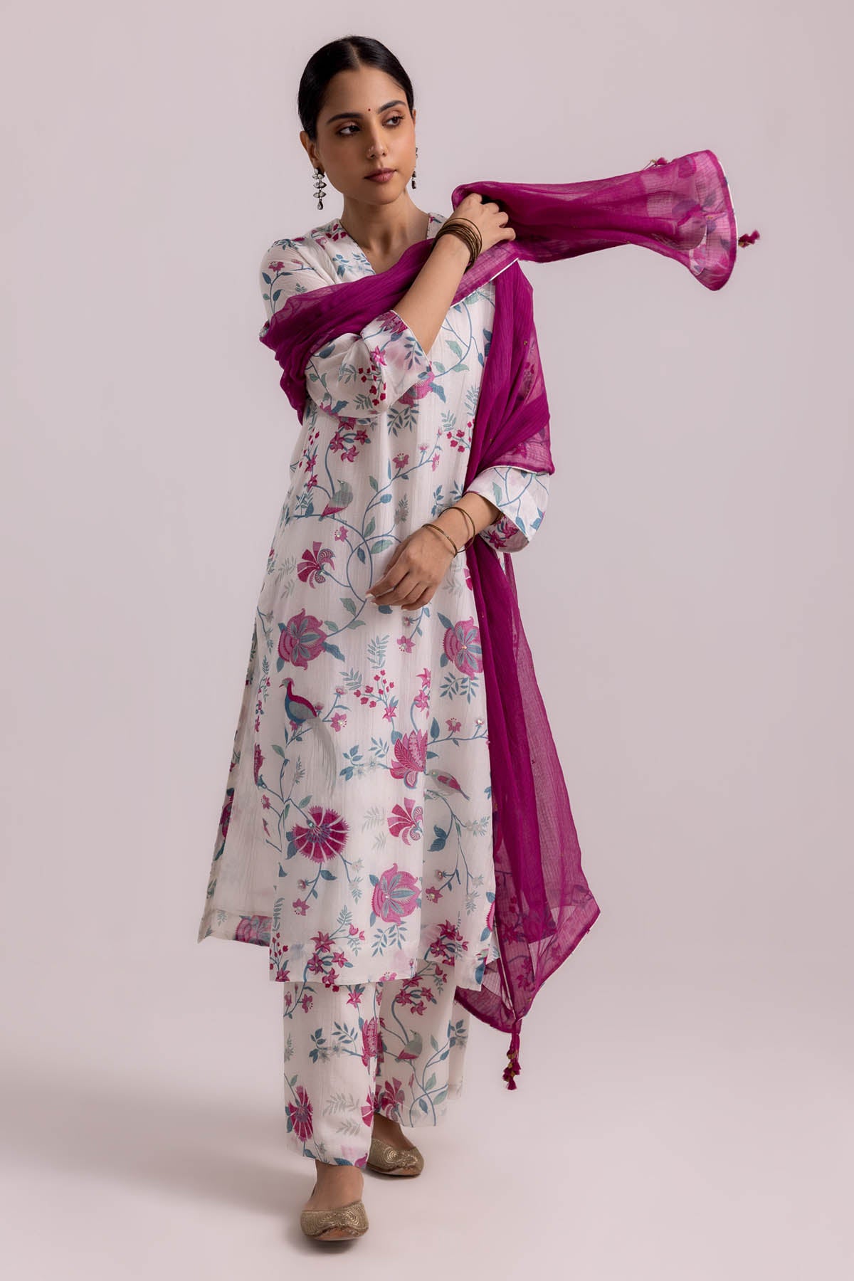 White Chanderi Printed Kurta Set