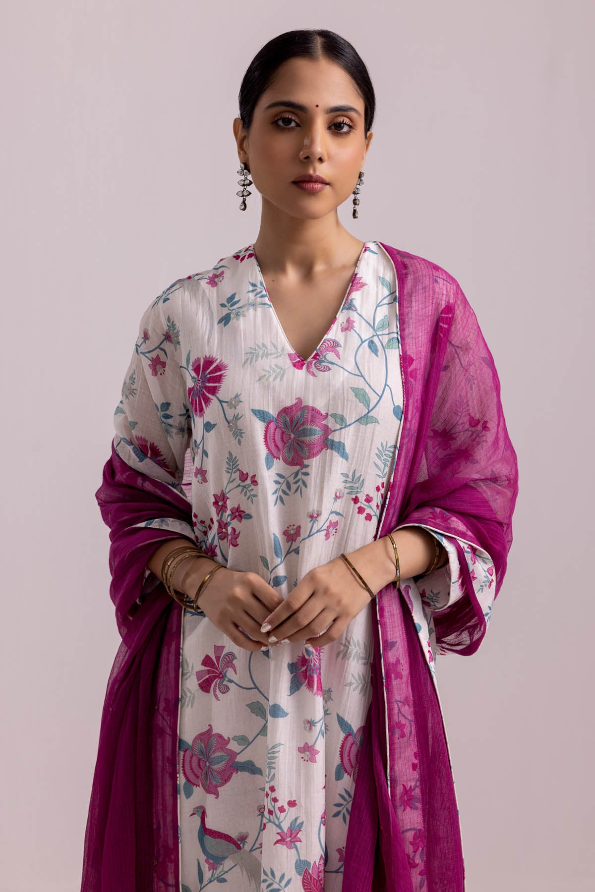 White Chanderi Printed Kurta Set