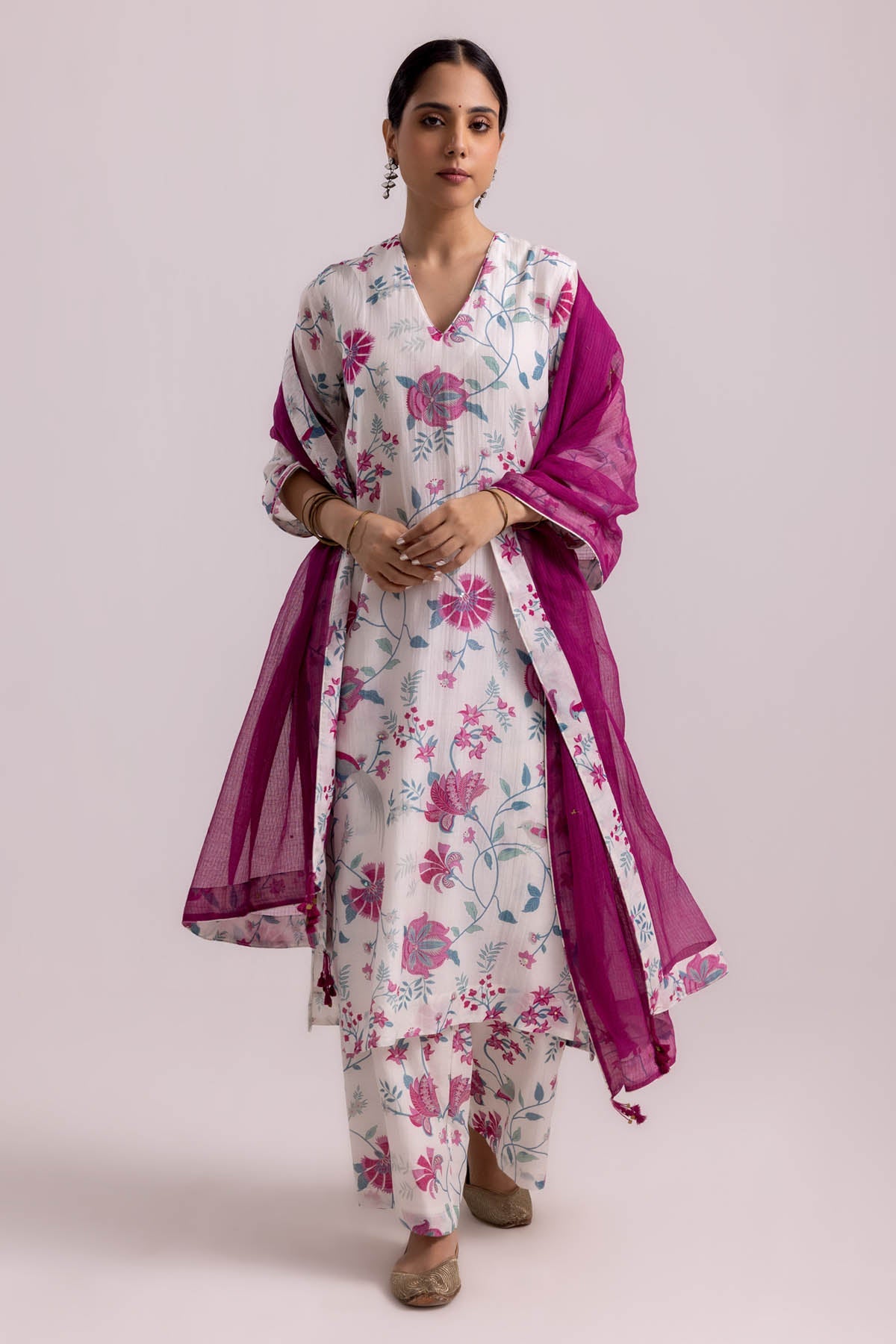 Buy Designer White Chanderi Printed Kurta Set Online at ScrollnShops