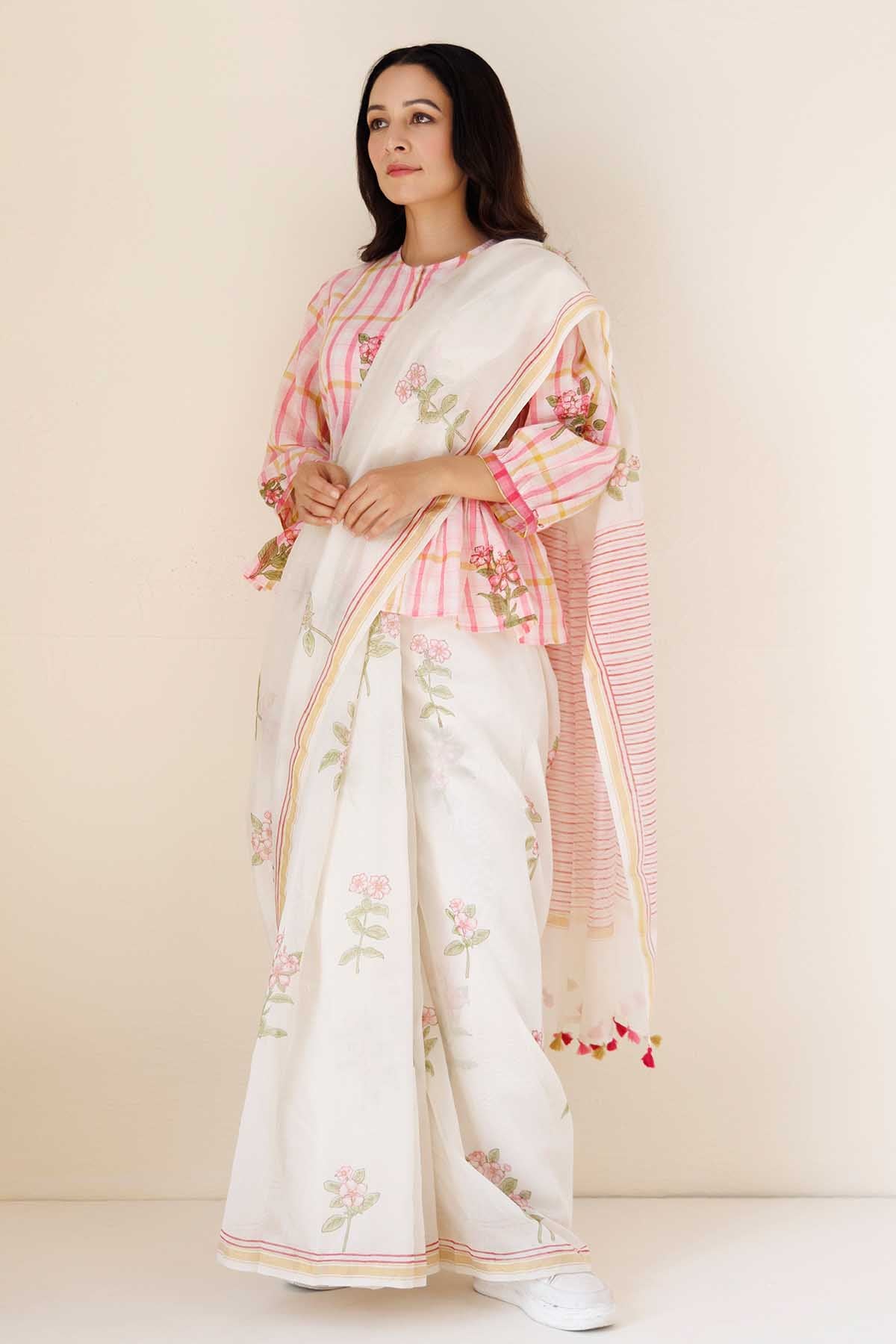 White Chanderi Printed Saree