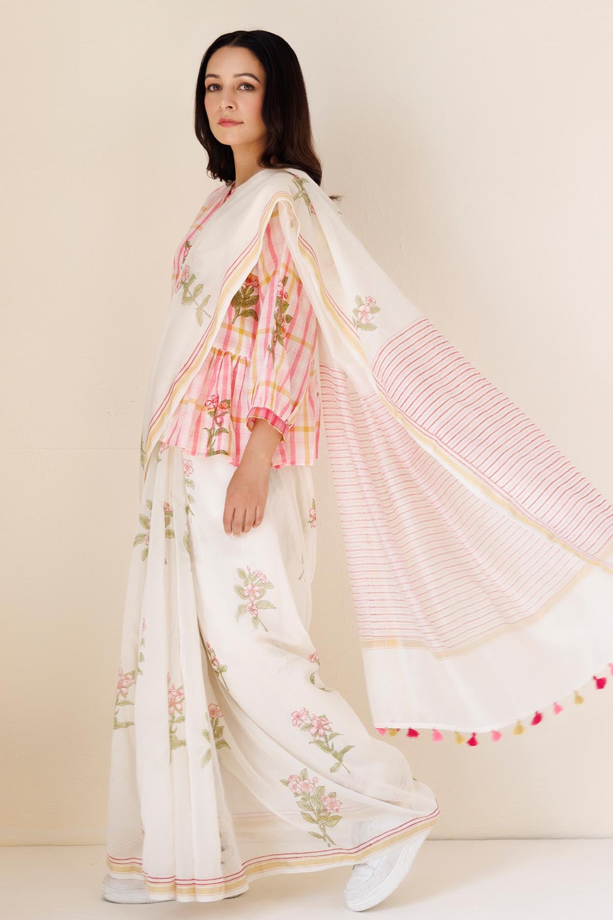 White Chanderi Printed Saree