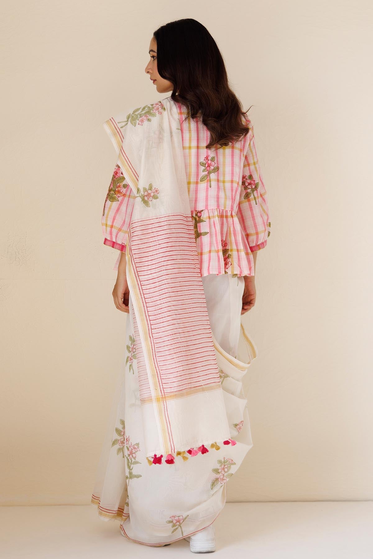 White Chanderi Printed Saree