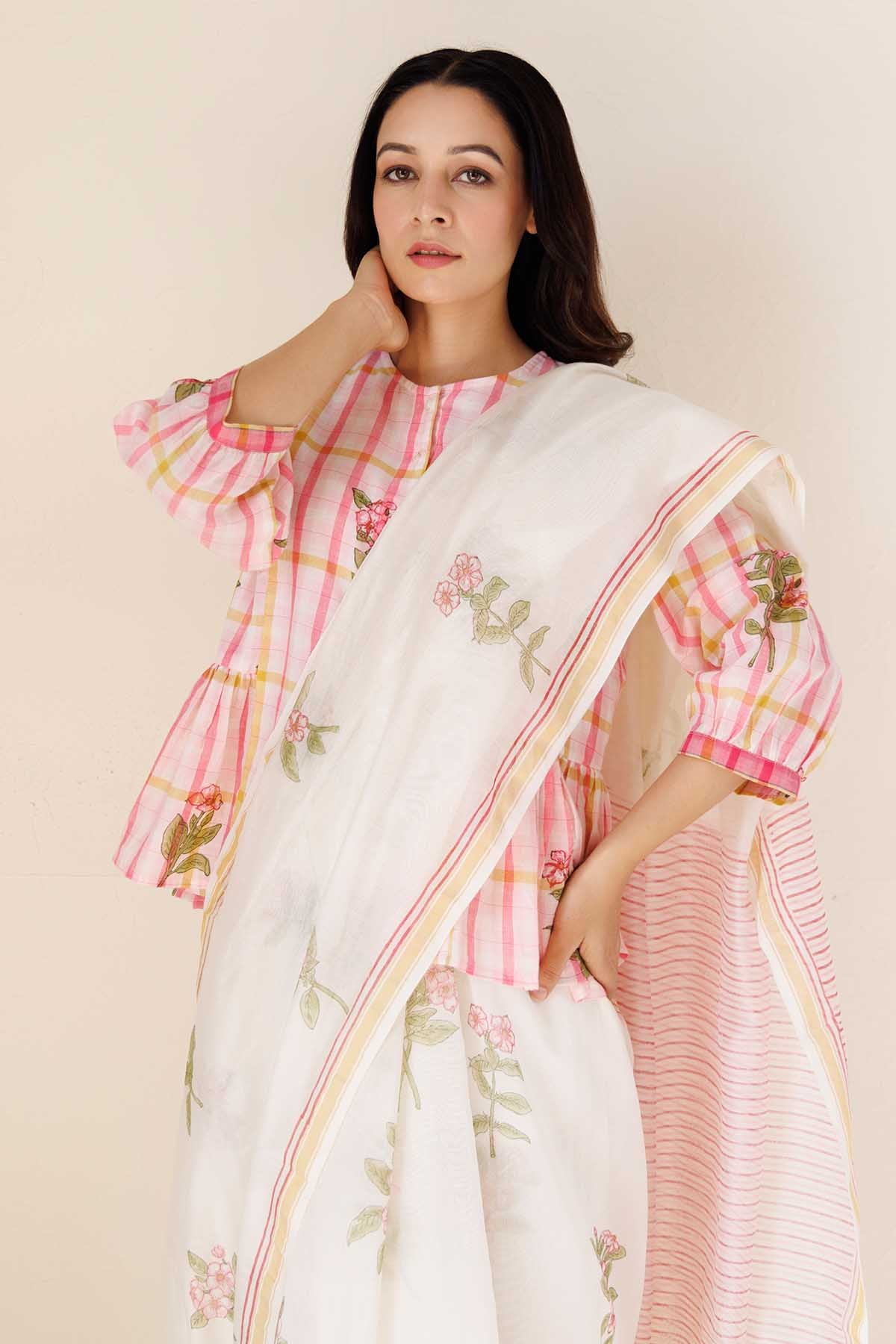 White Chanderi Printed Saree