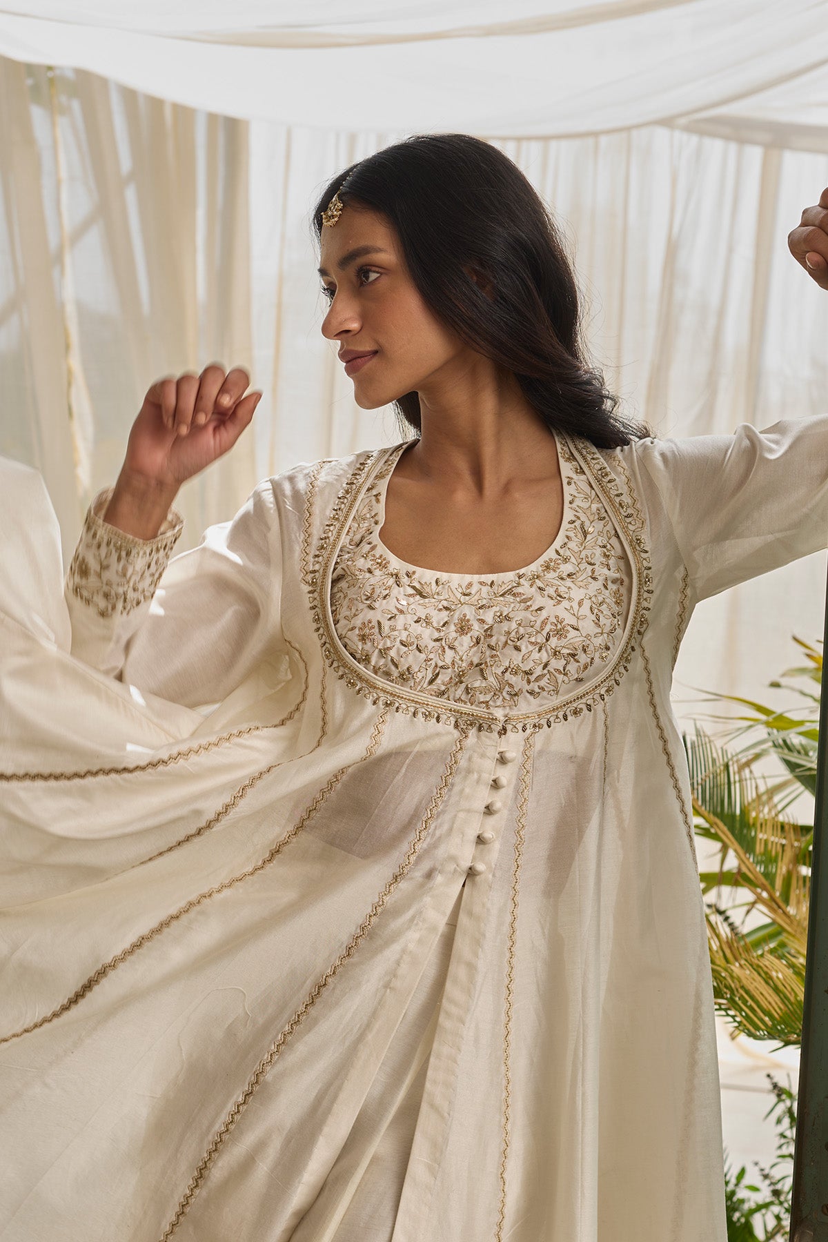 White Chanderi Silk Anarkali Set