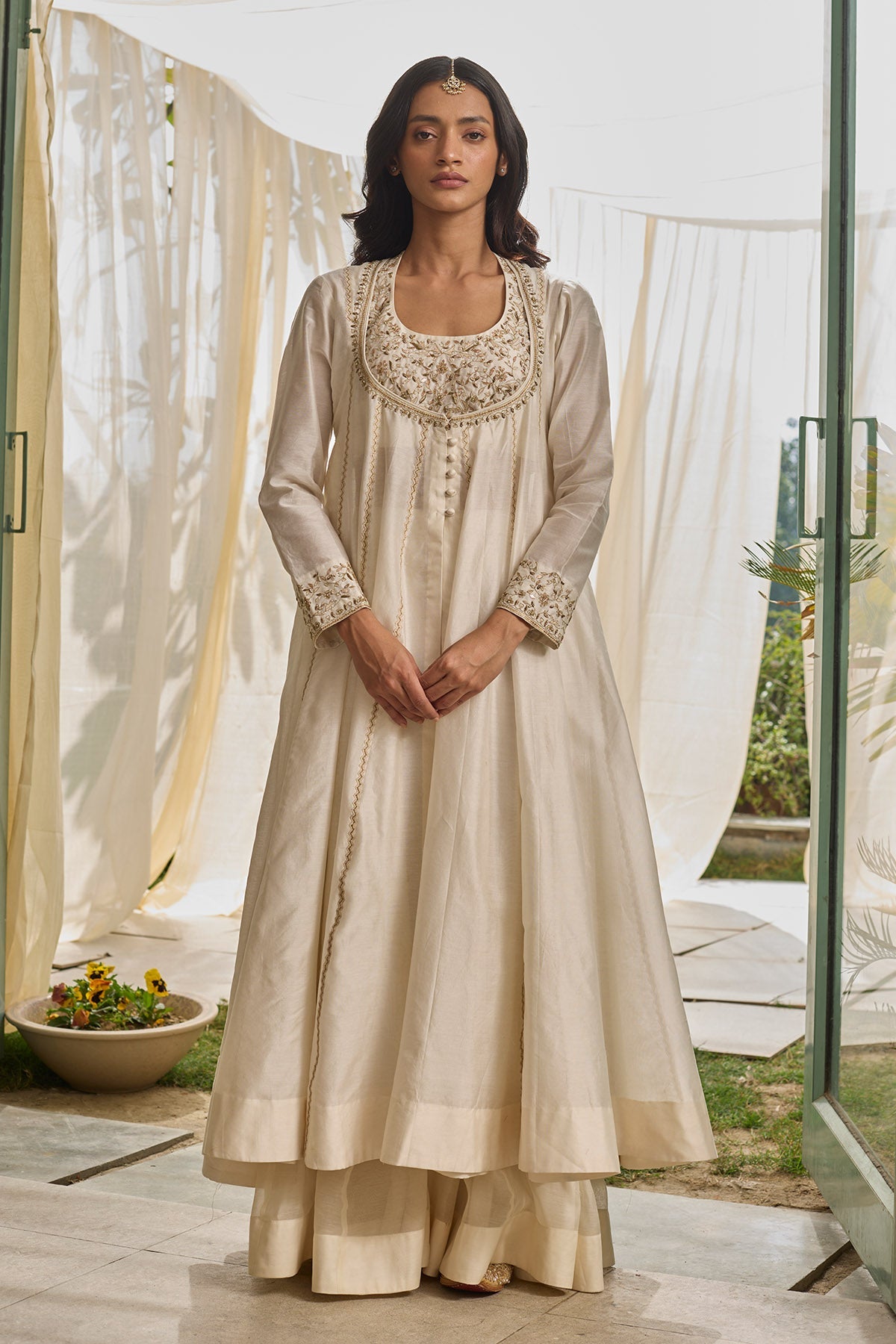 Buy White Chanderi Silk Anarkali Set by Rhua for Women online at ScrollnShops