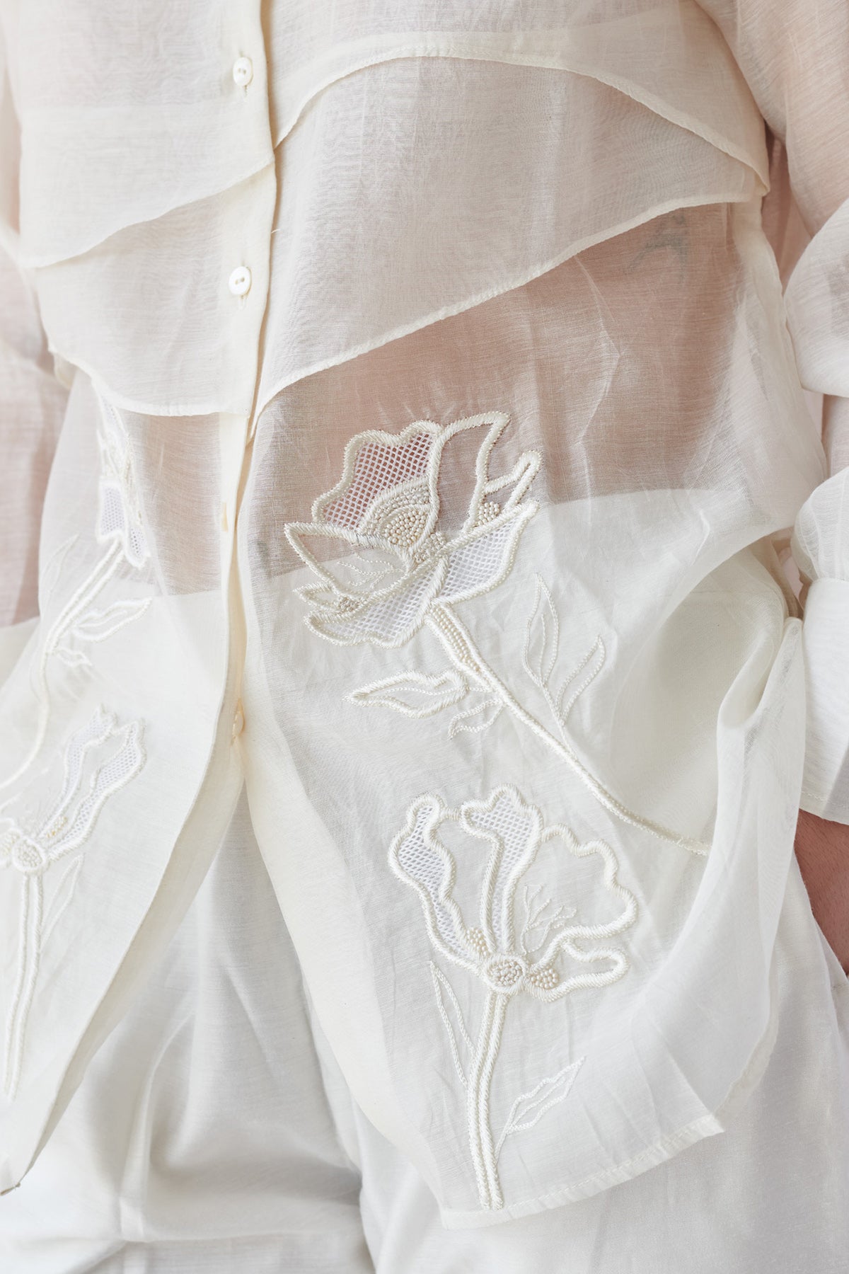 White Chanderi Thread Work Shirt