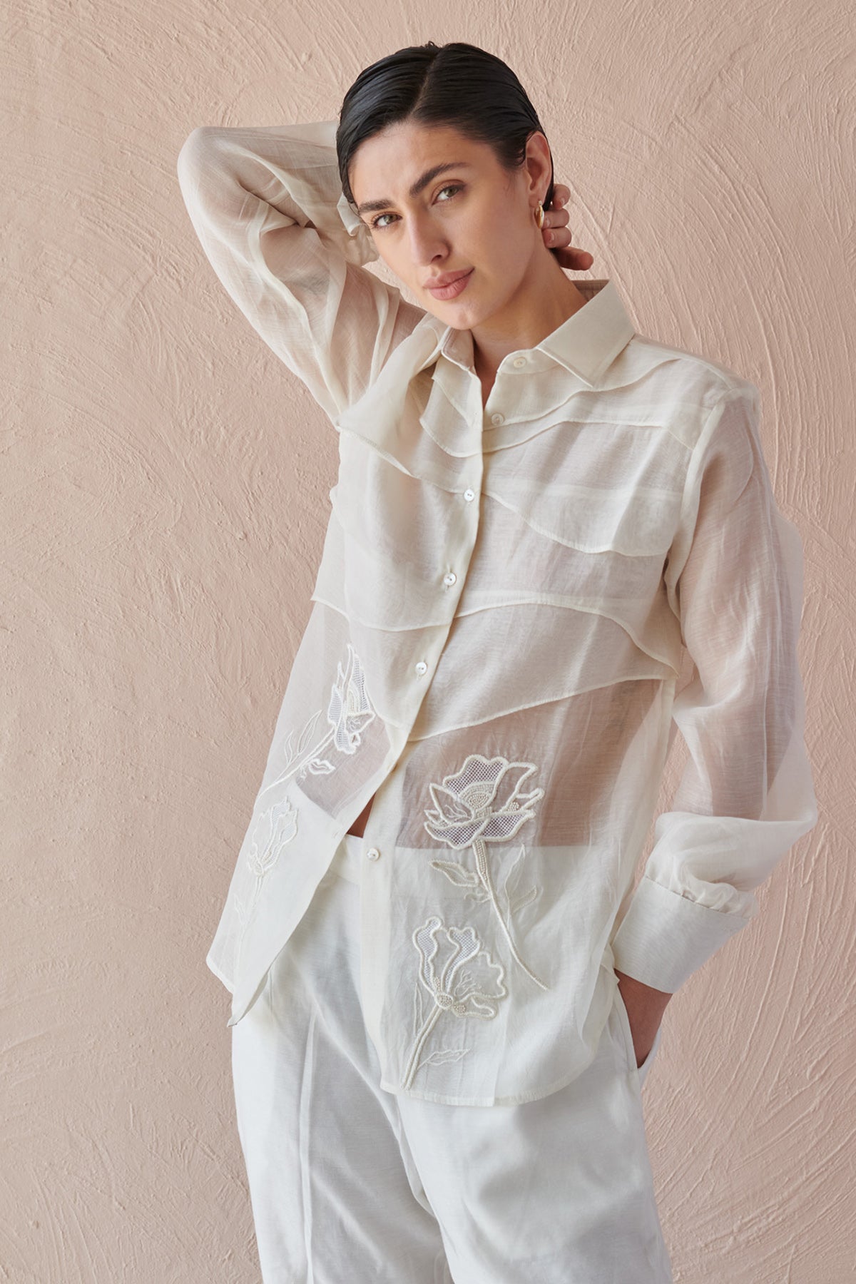 White Chanderi Thread Work Shirt