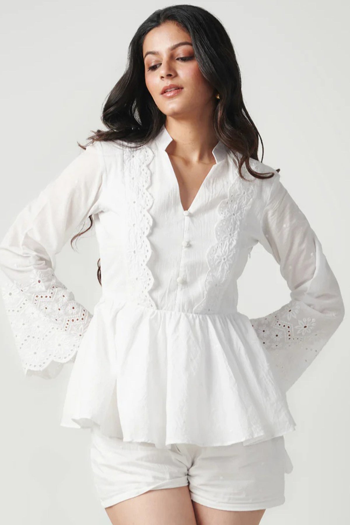 Buy White Chikankari Top & Shorts for women online available at ScrollnShops