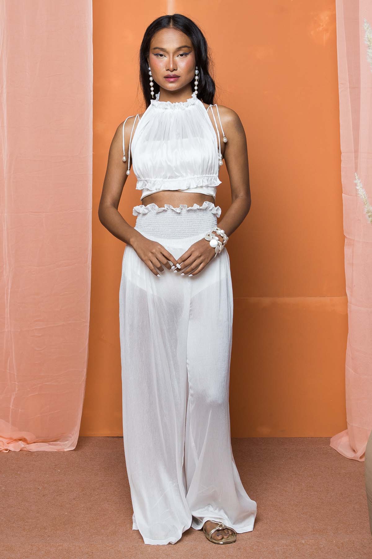 Shivanii White Chinon Shirred Waist Pants for women online at ScrollnShops