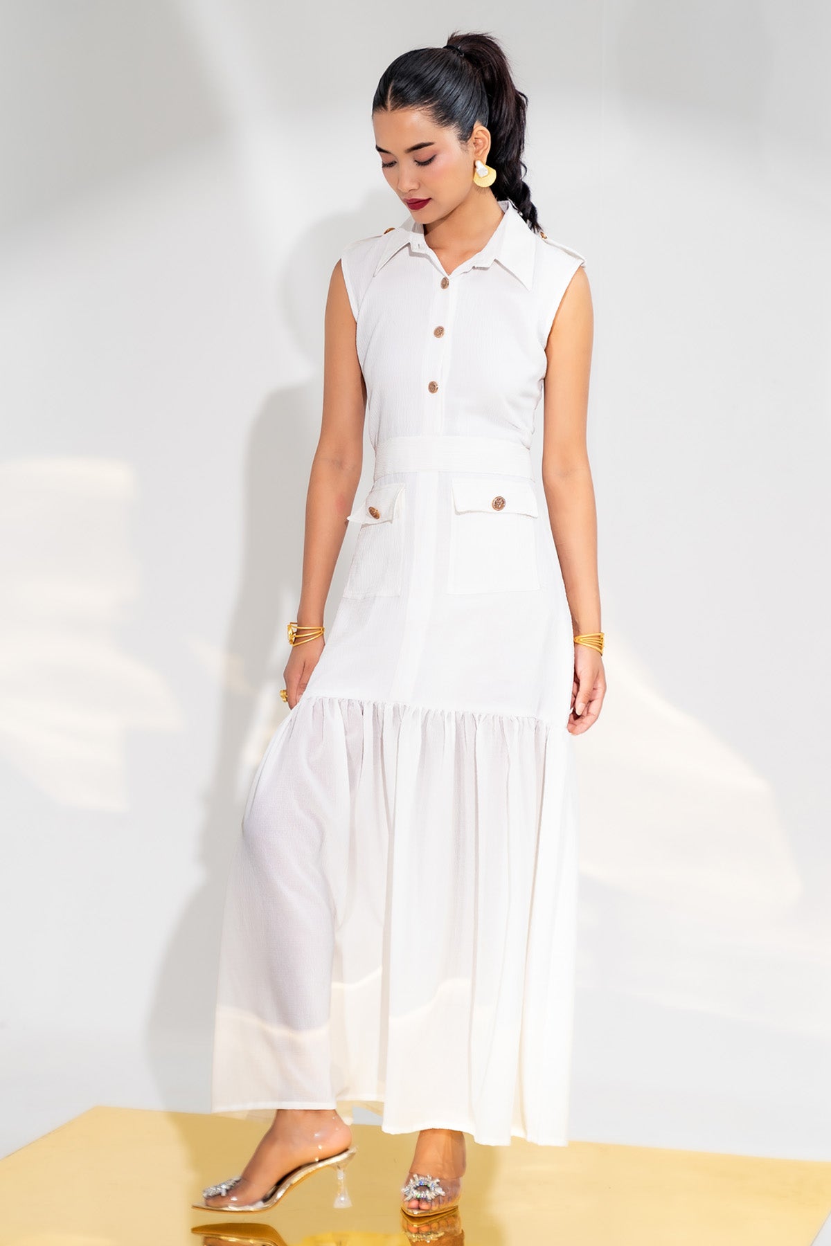Enness Studio White Collar Flared Midi dress for women online at ScrollnShops