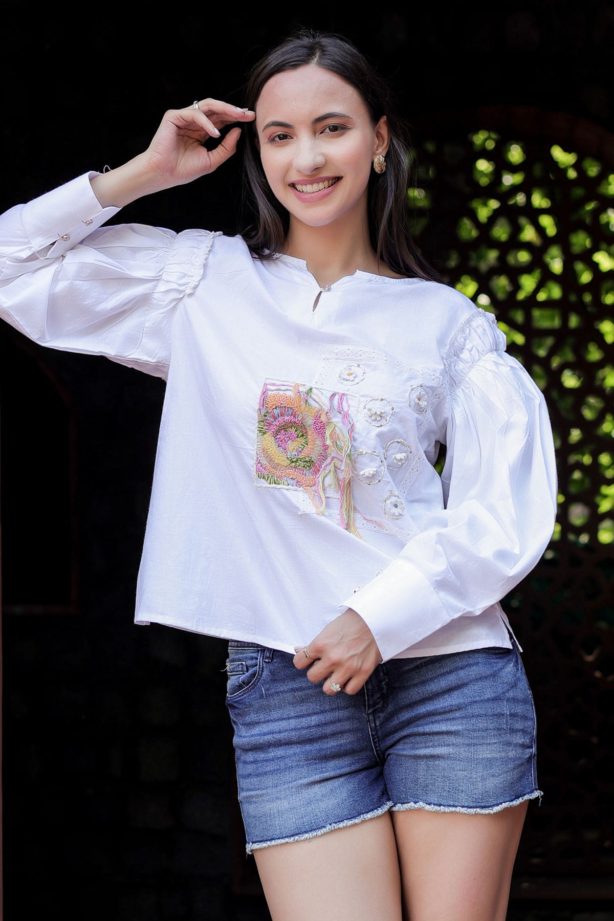 Buy White Cotton 3D Embroidered Top by OSKOS for women online at ScrollnShops