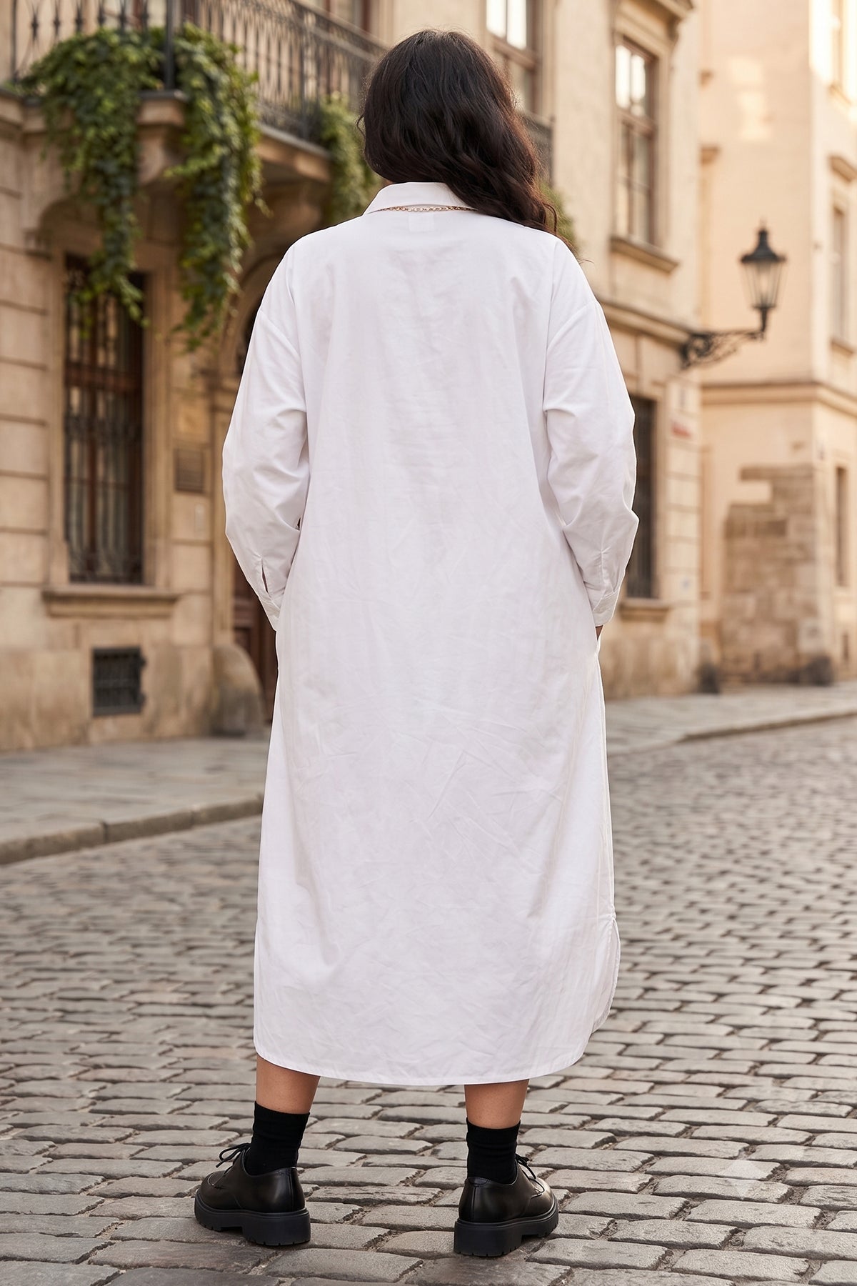 White Cotton Collar Midi Dress