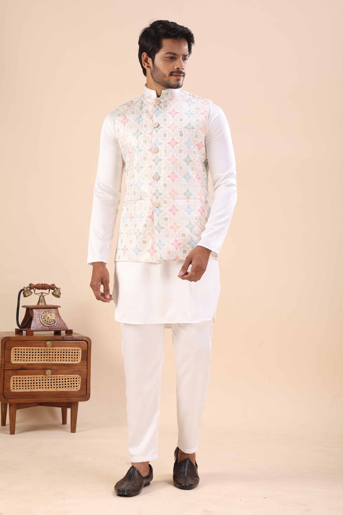 White Cotton Embroidered Bundi