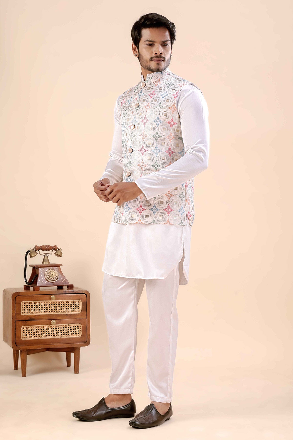 White Cotton Embroidered Bundi