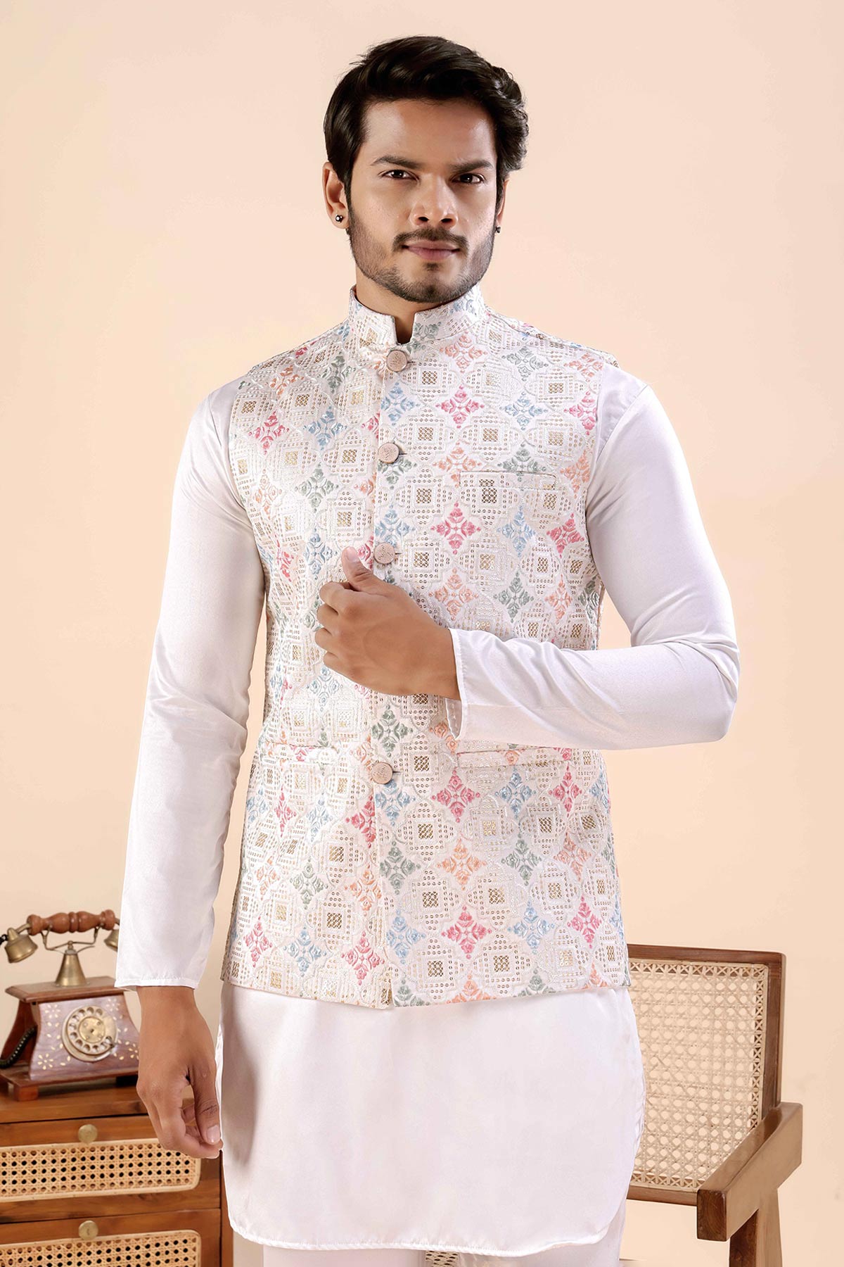 Buy White Cotton Embroidered Bundi for women by Priyanka Jain online available at scrollnshops