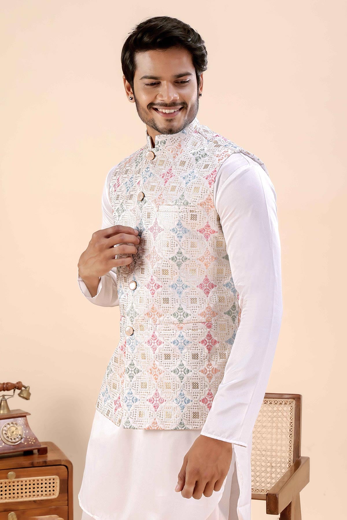 White Cotton Embroidered Bundi
