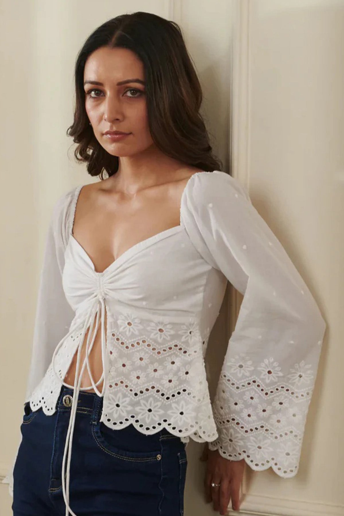 White Cotton Flared Crop Top