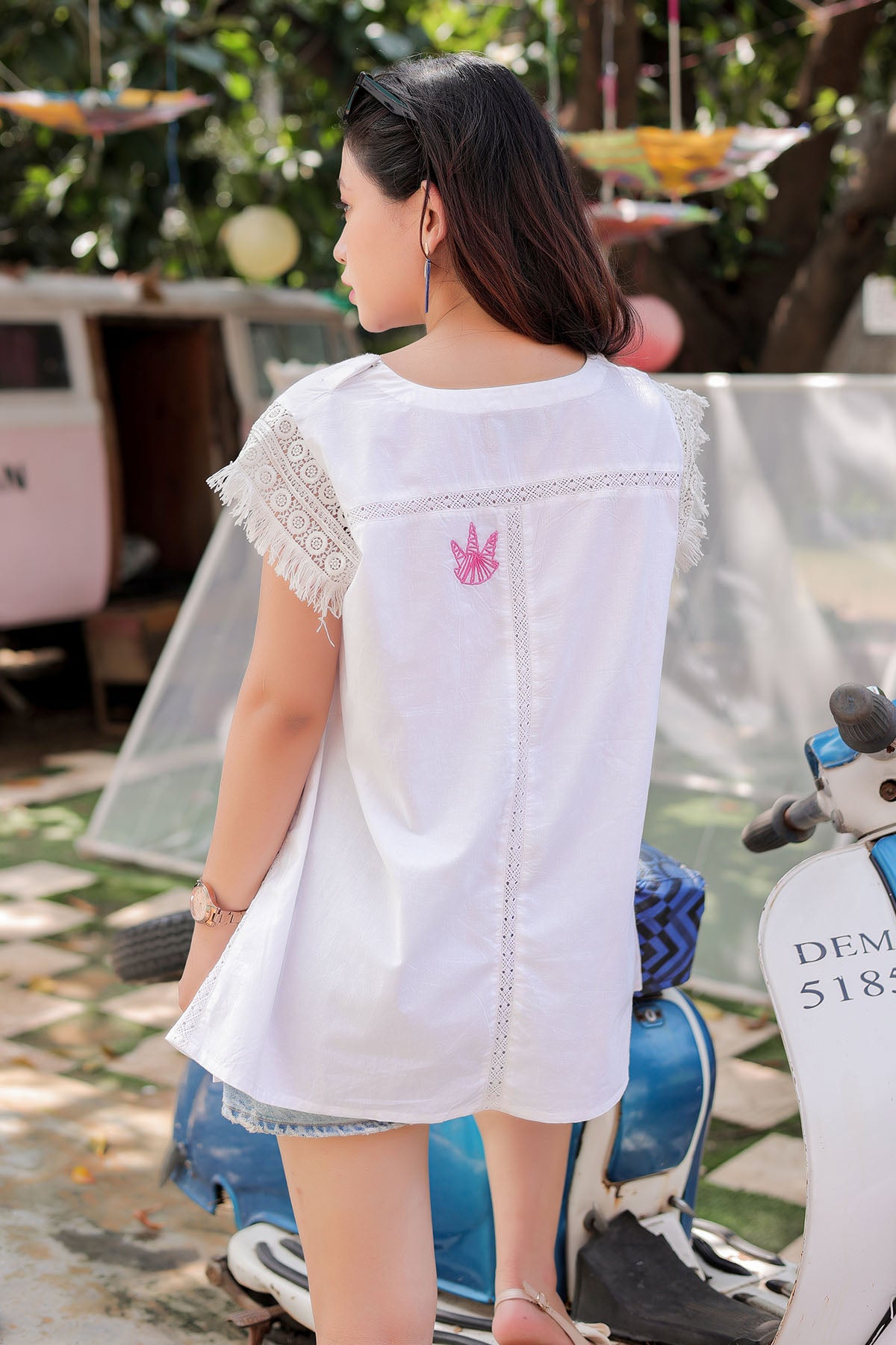 White Cotton Lace Detail Top