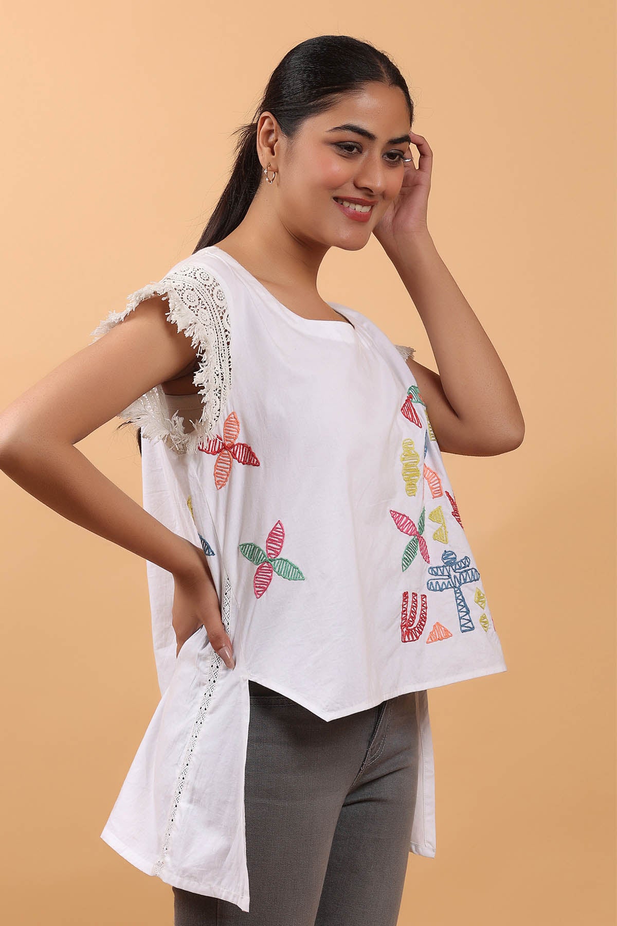 White Cotton Lace Detail Top