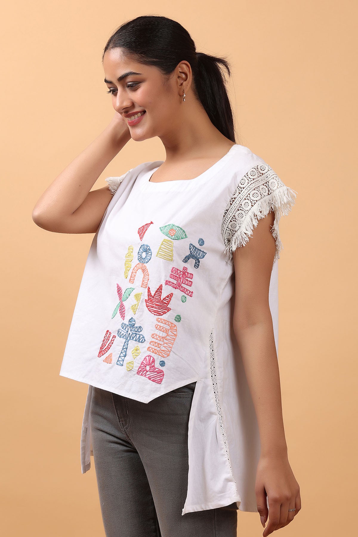 White Cotton Lace Detail Top