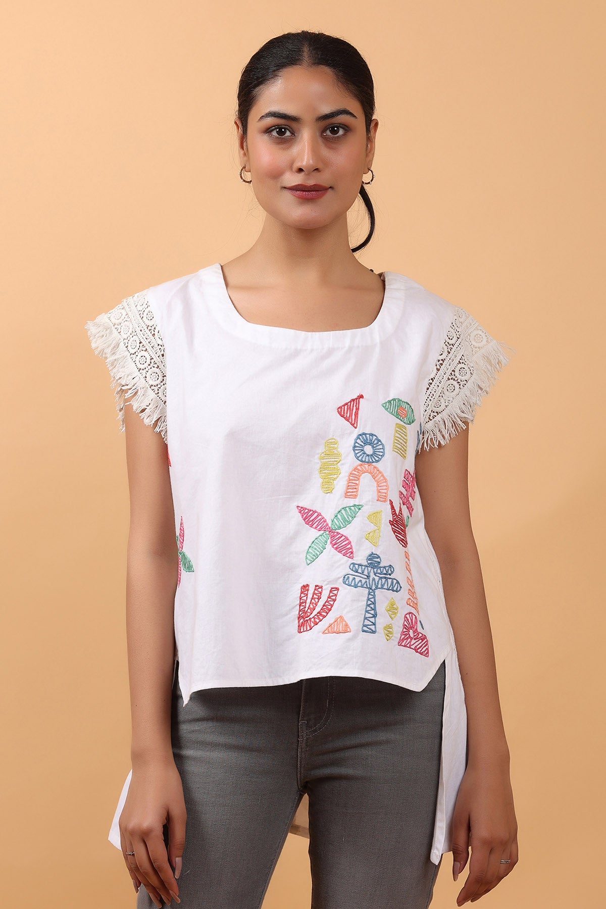 Buy White Cotton Lace Detail Top by OSKOS for women online at ScrollnShops