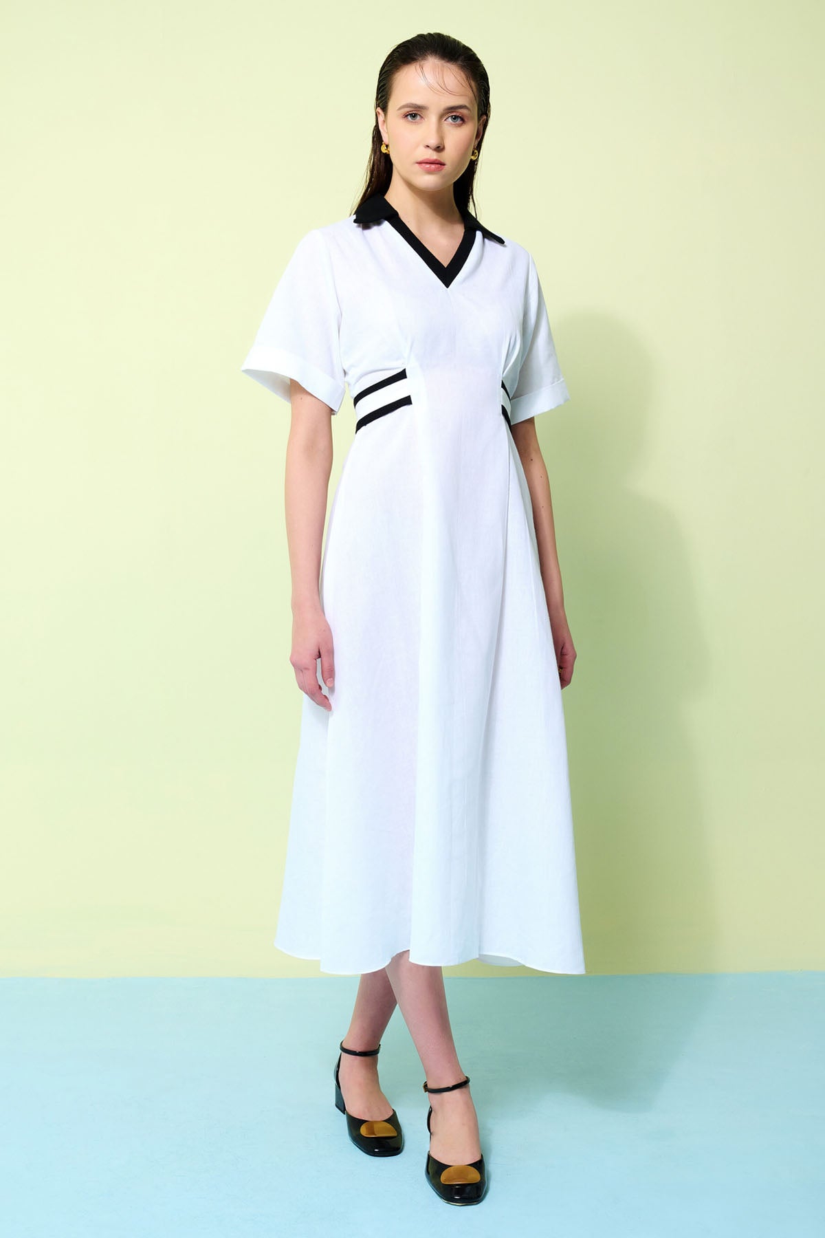 White Cotton Linen Midi Dress