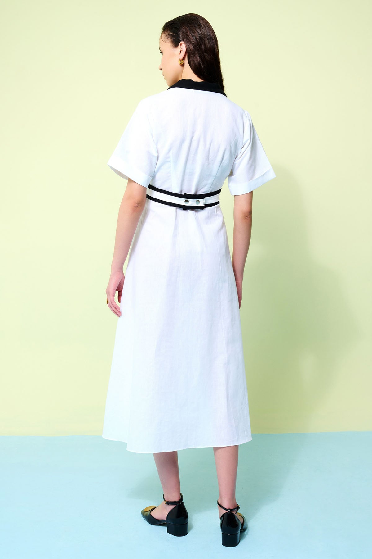 White Cotton Linen Midi Dress