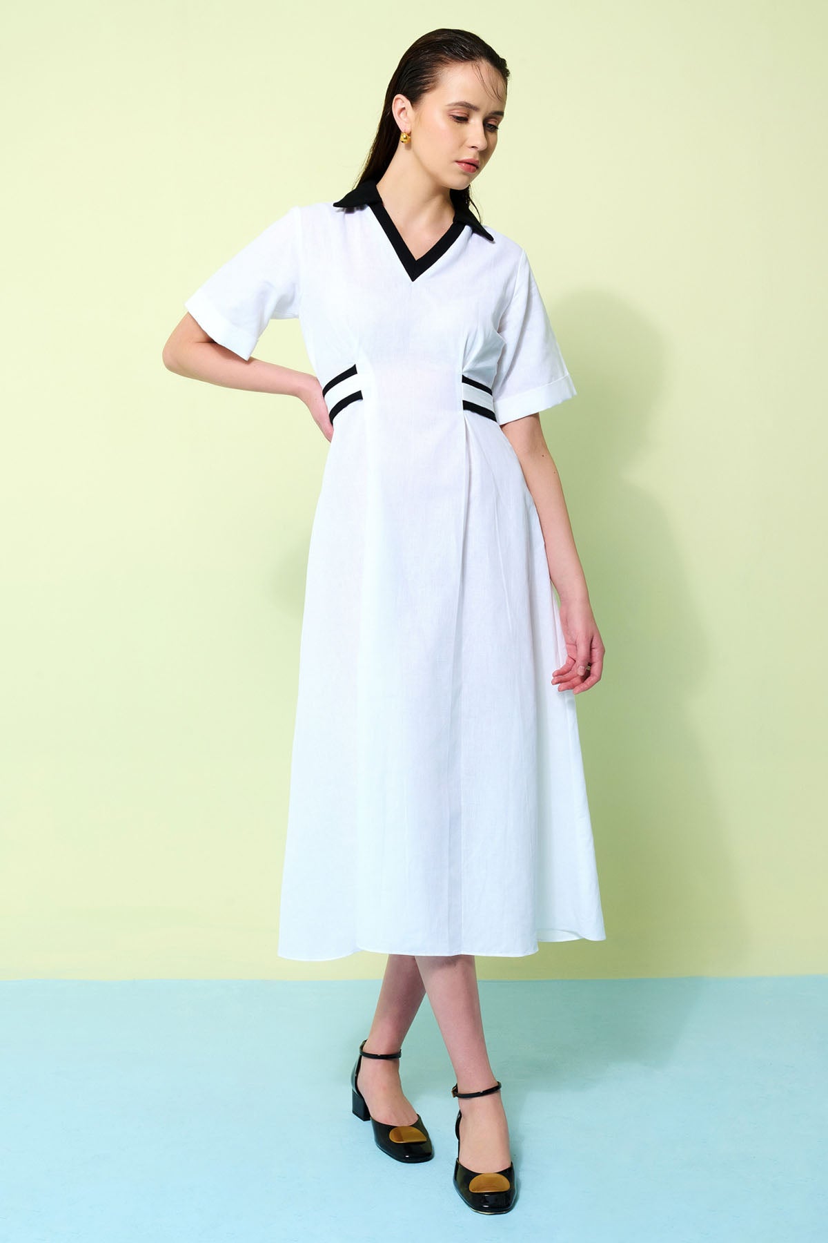 Vanten White Cotton Linen Midi Dress for women online at ScrollnShops