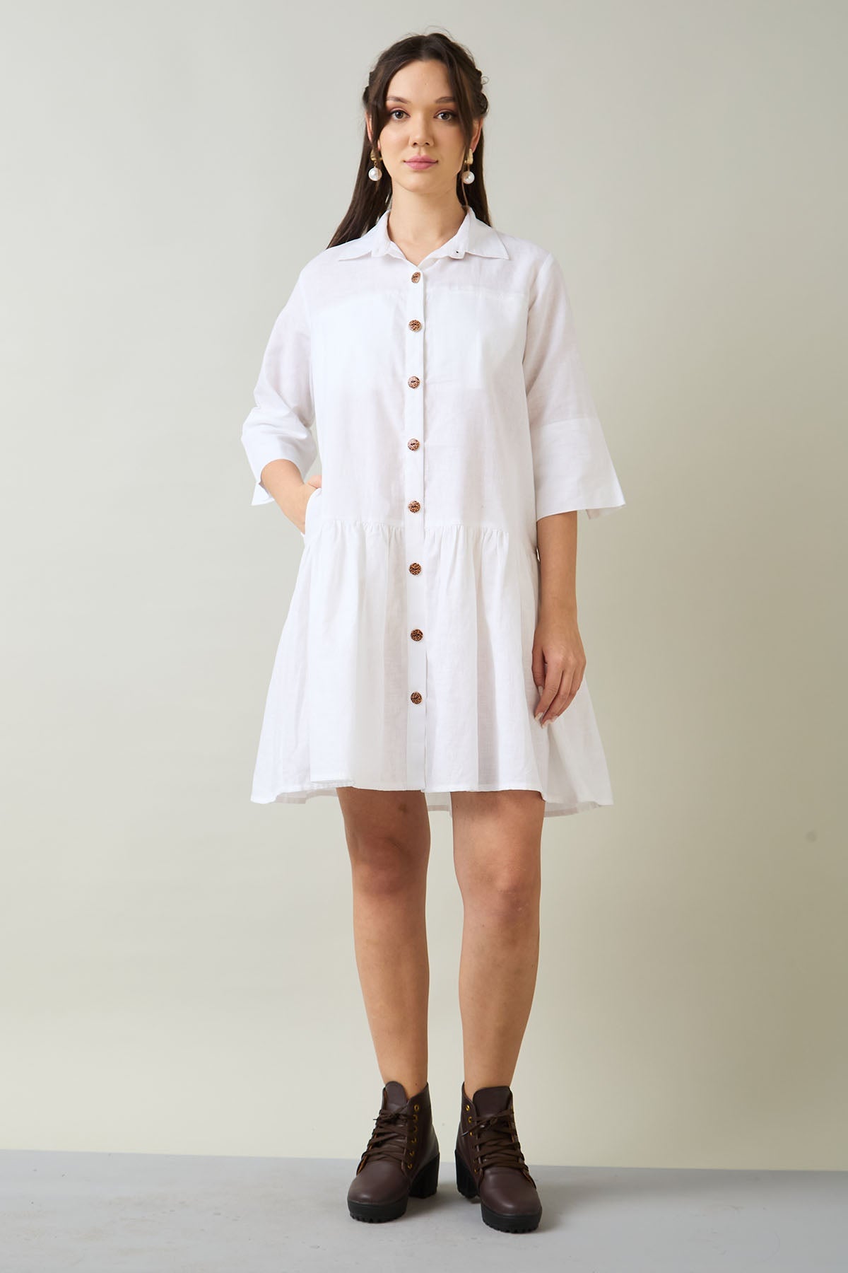 Buy Cotton Linen White Shirt Dress by 7teen12 for women online at ScrollnShops