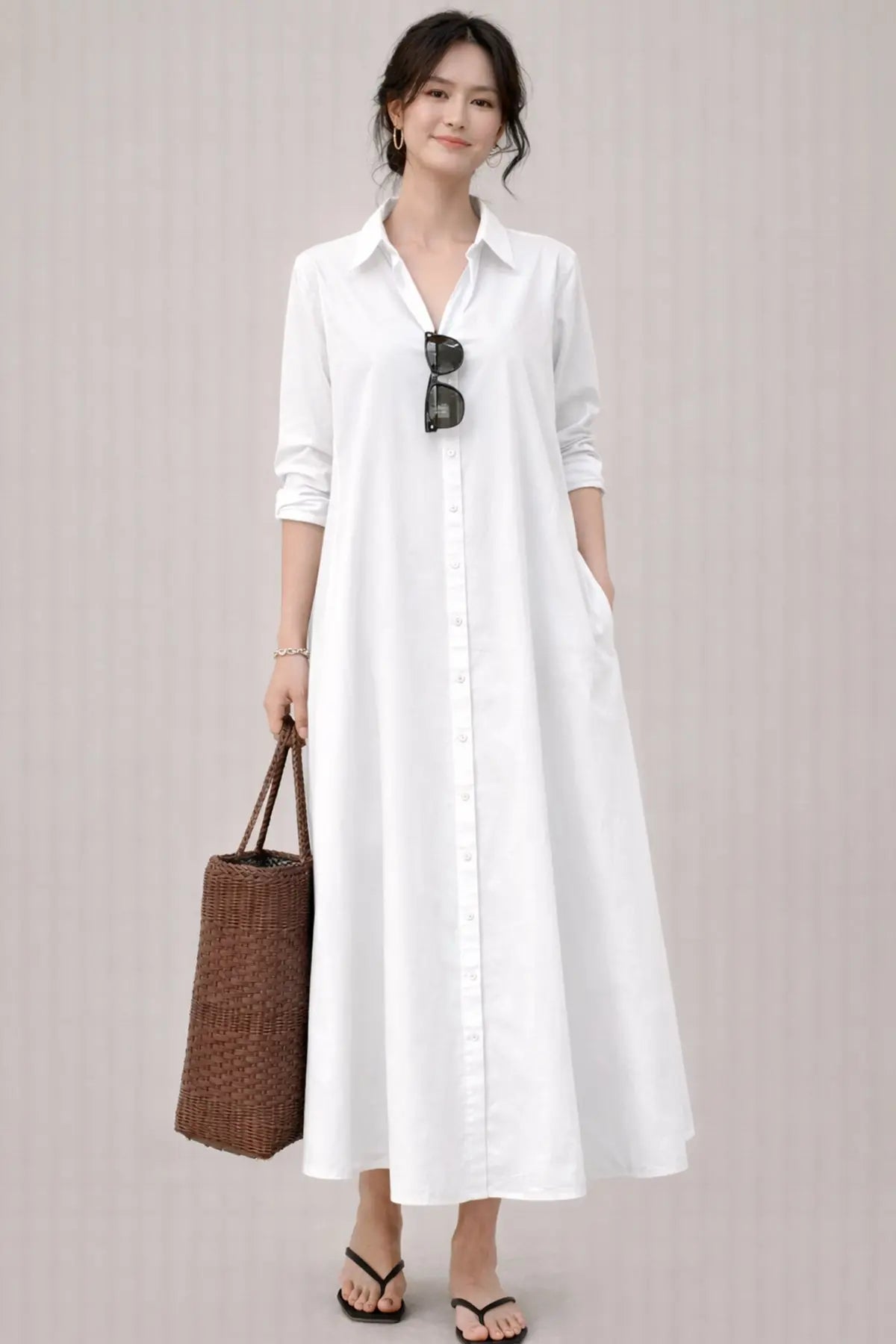 White Cotton Maxi Shirt Dress