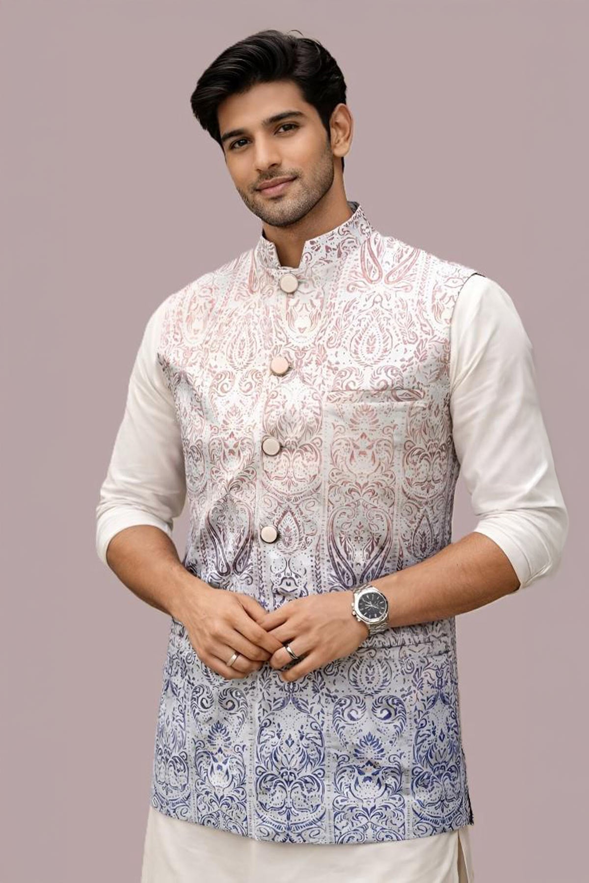 Buy White Cotton Ombre Print Bundi for men by Aastha Fashion online available at scrollnshops