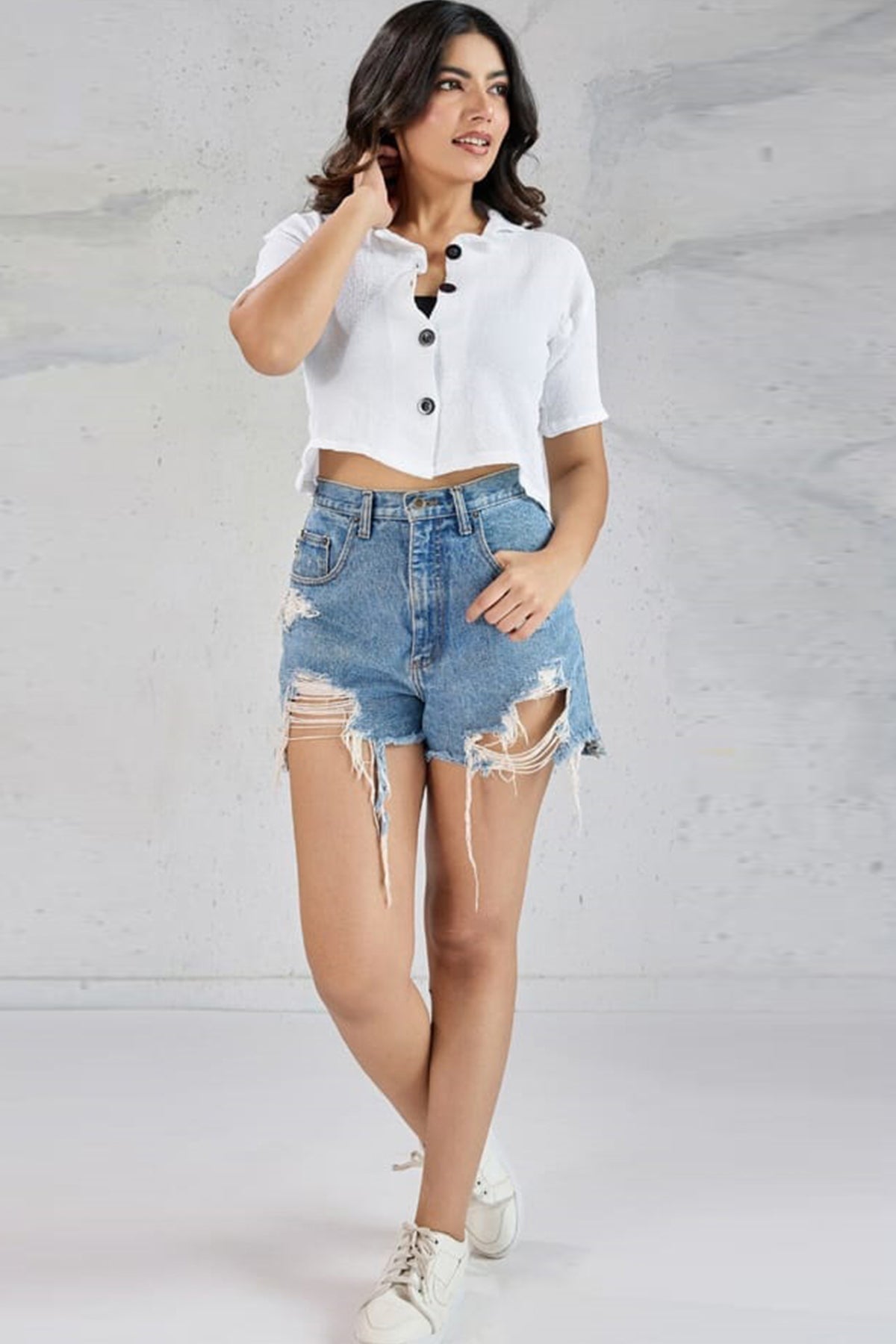 Buy White Cotton Plain Crop shirt for women by Aastha Fashion online available at scrollnshops