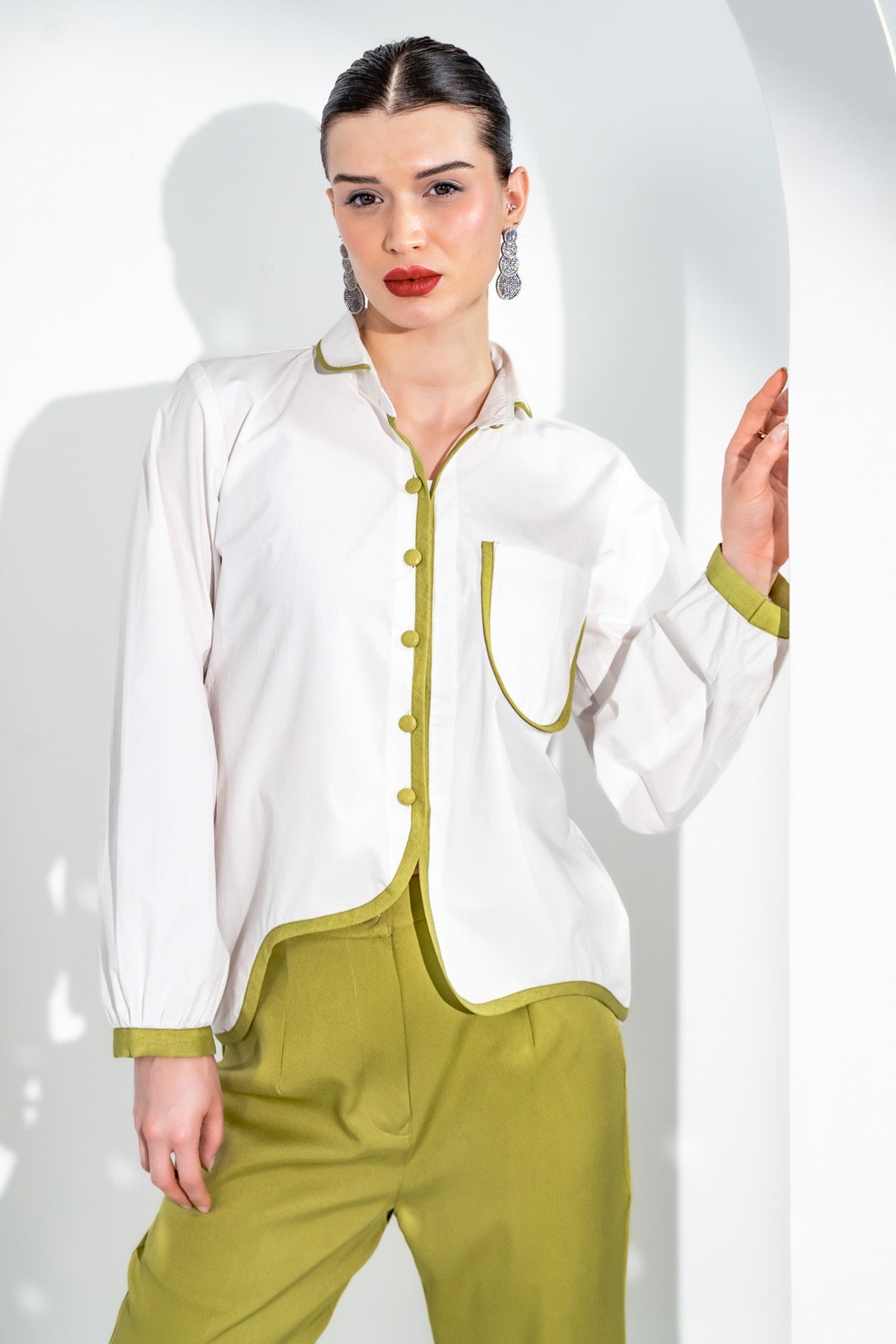 Enness Studio White Cotton Poplin Piping Shirt for women online at ScrollnShops