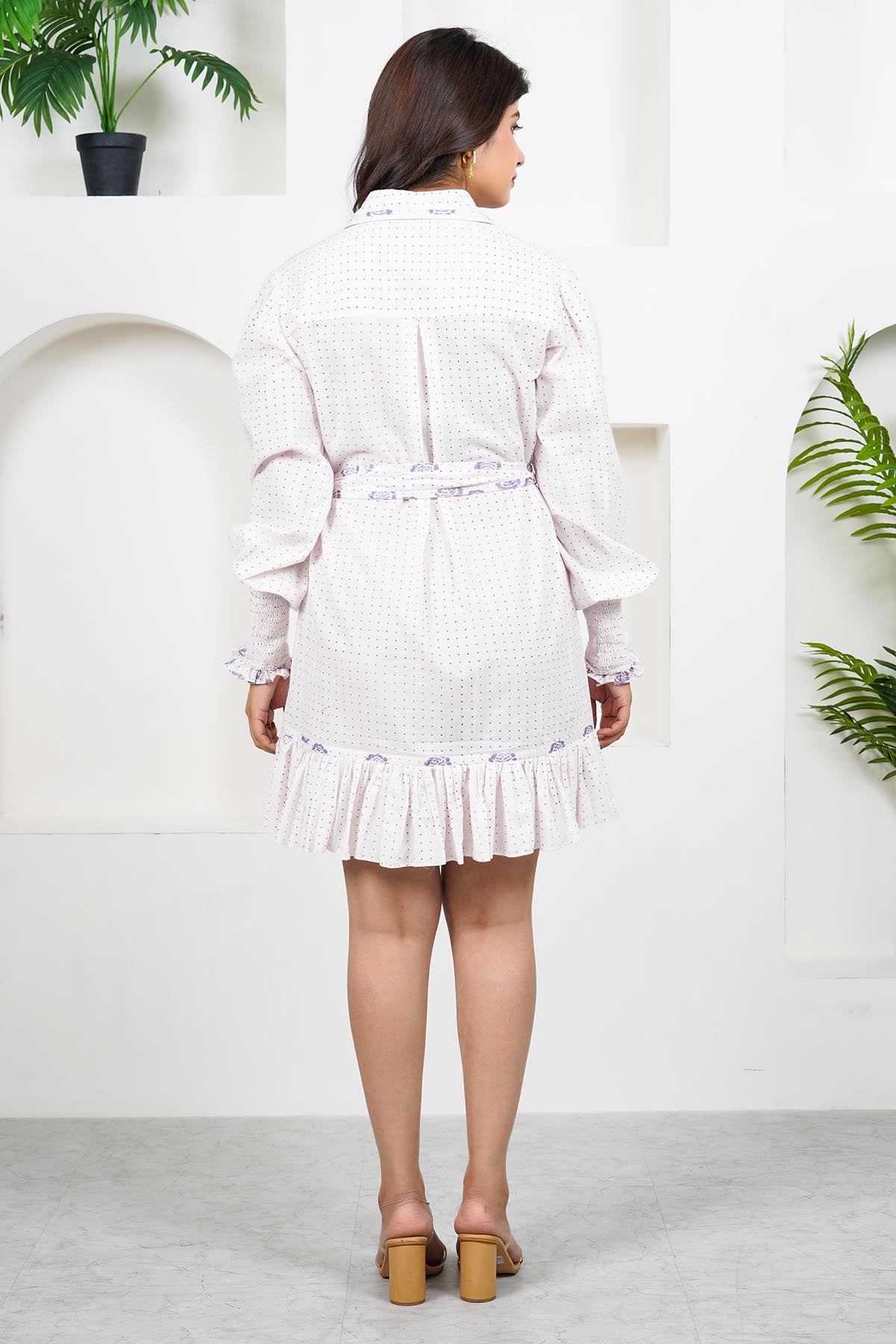 White Cotton Print Mini Dress