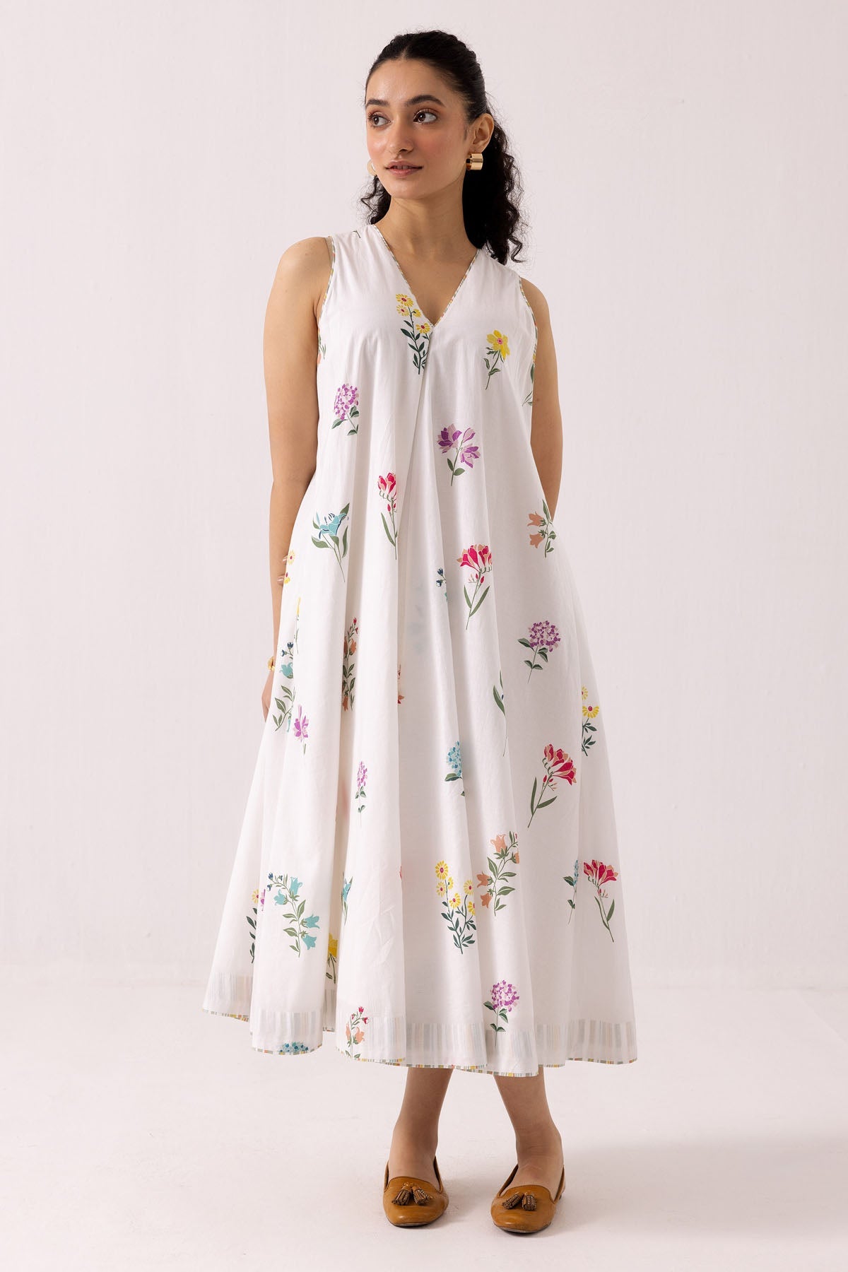 Buy Designer White Cotton Printed Midi Dress Online at ScrollnShops