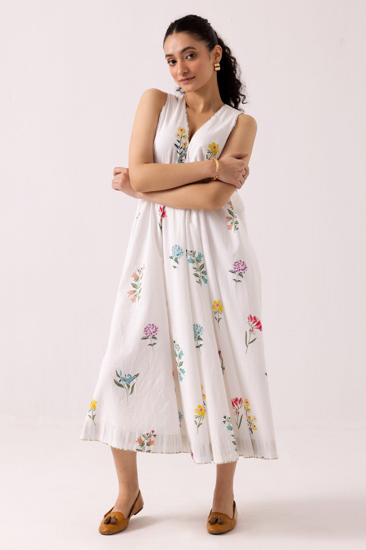 White Cotton Printed Midi Dress