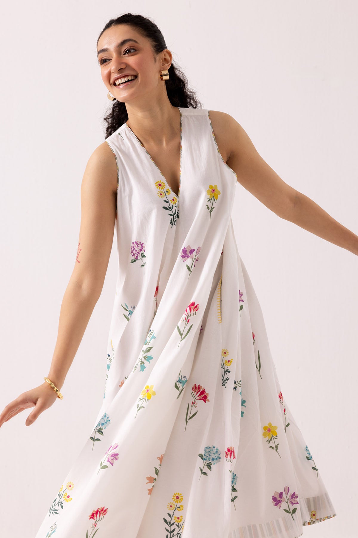 White Cotton Printed Midi Dress