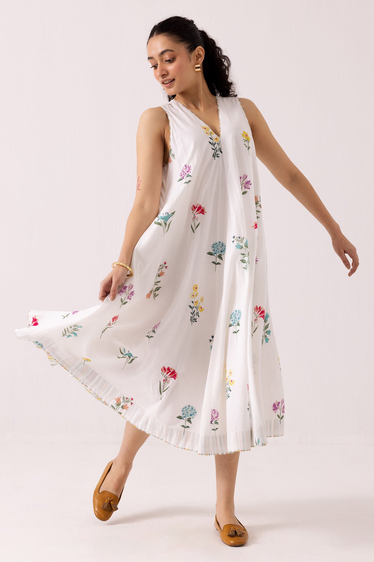 White Cotton Printed Midi Dress