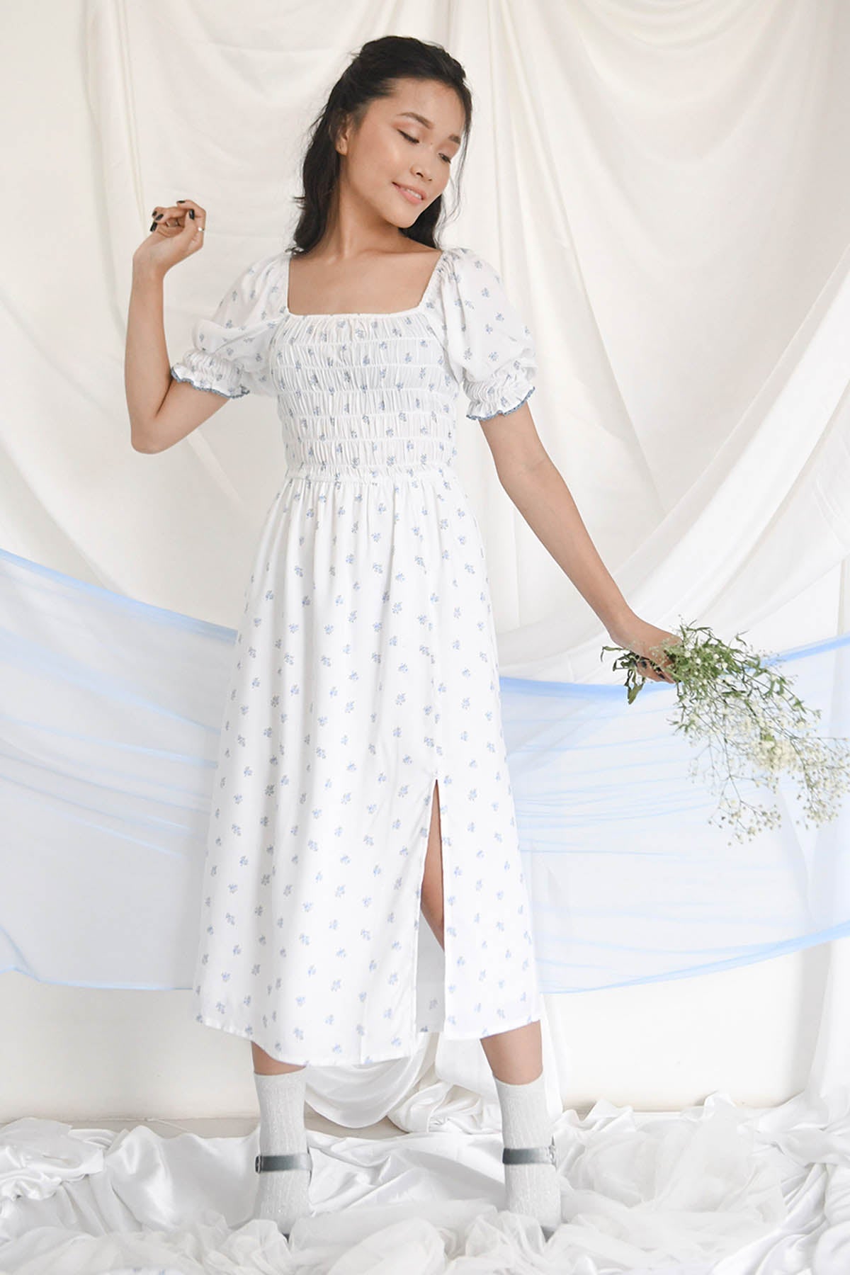 Bohobi White Cotton Rose Print Dress For Women Online at ScrollnShops