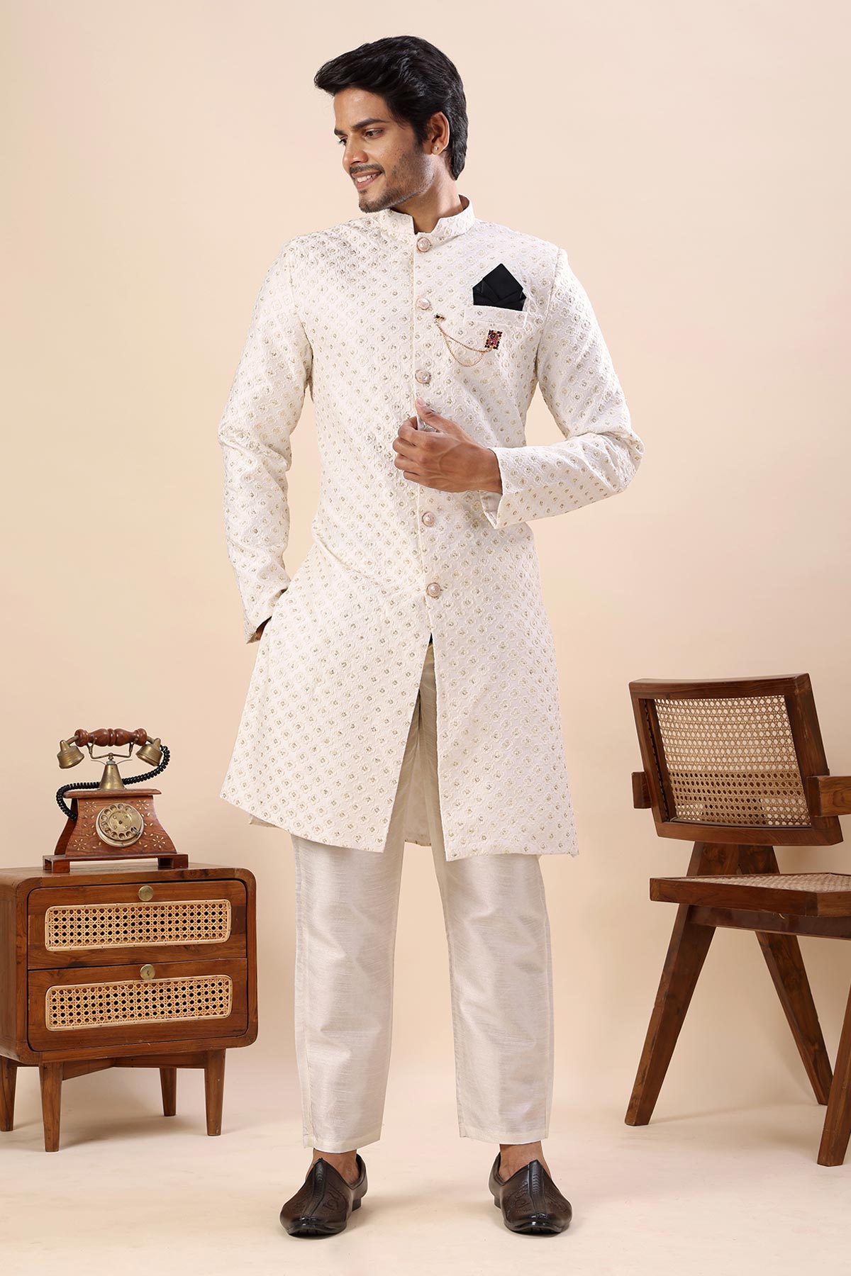 Buy White Cotton Silk Sherwani Set for men by Aastha Fashion online available at scrollnshops