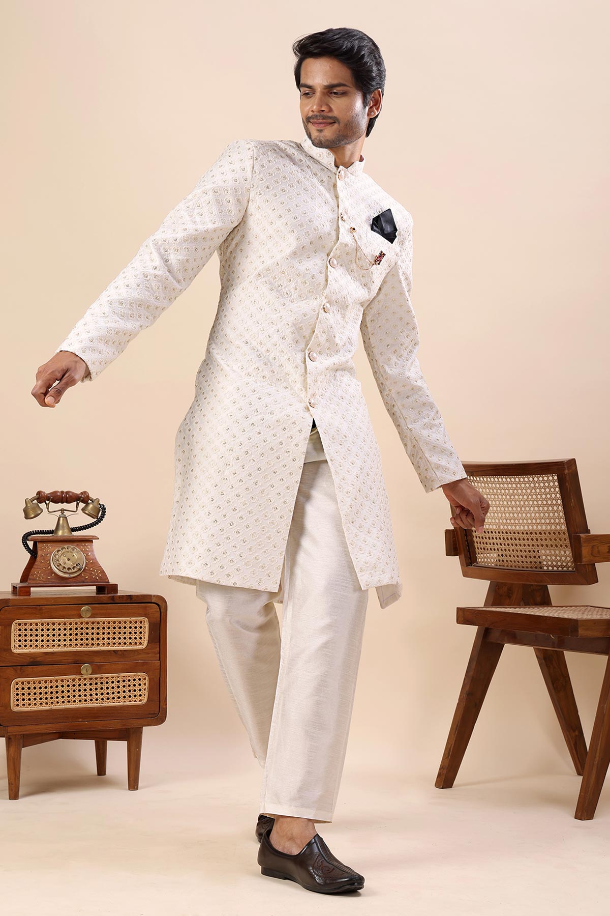 White Cotton Silk Sherwani Set