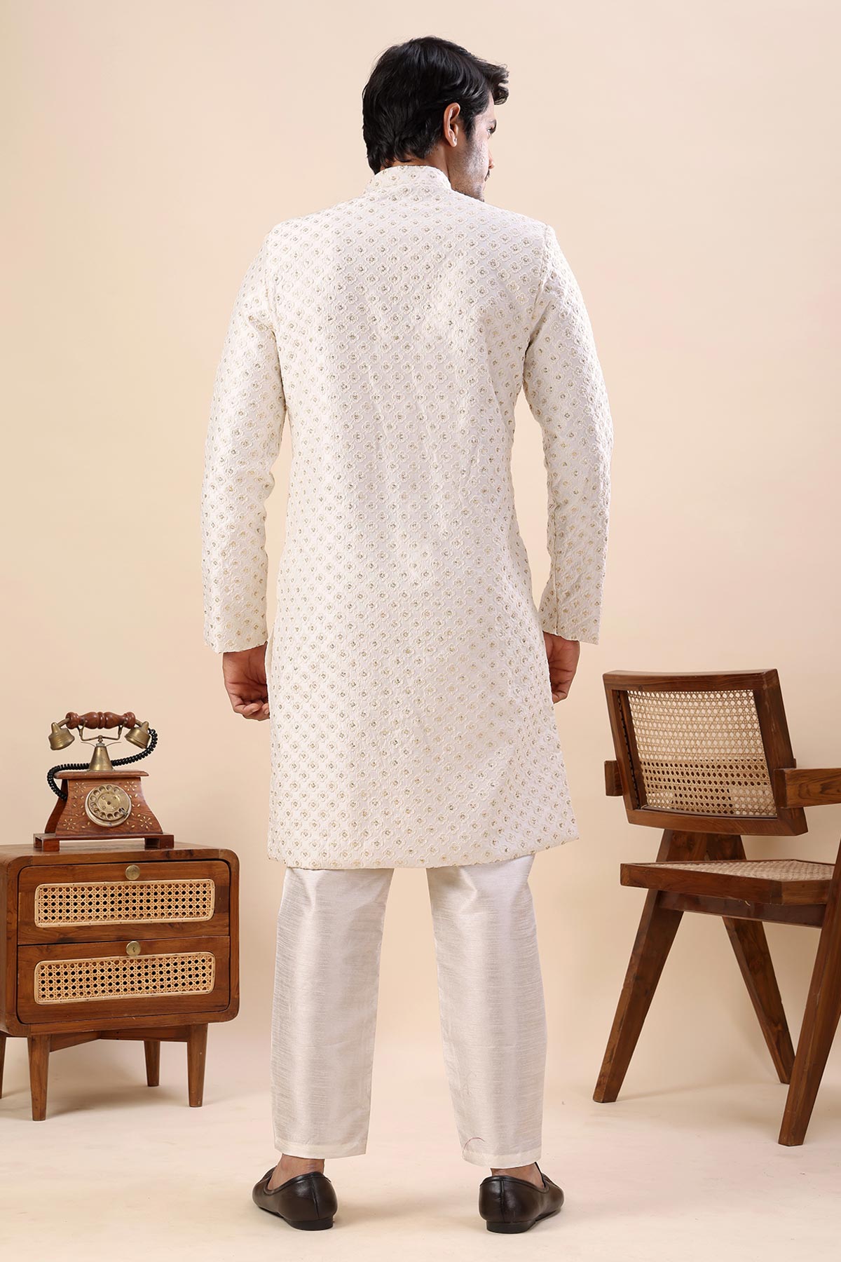 White Cotton Silk Sherwani Set