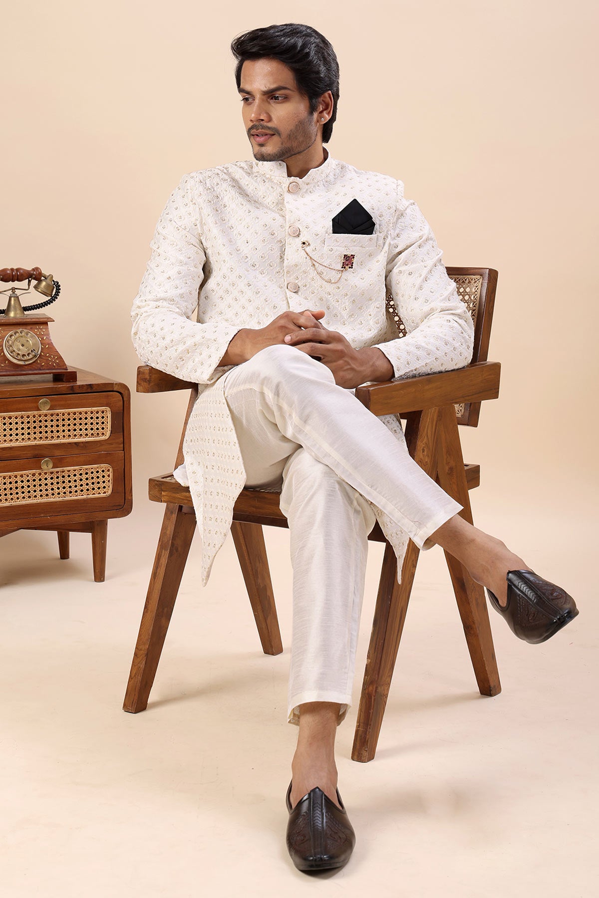 White Cotton Silk Sherwani Set
