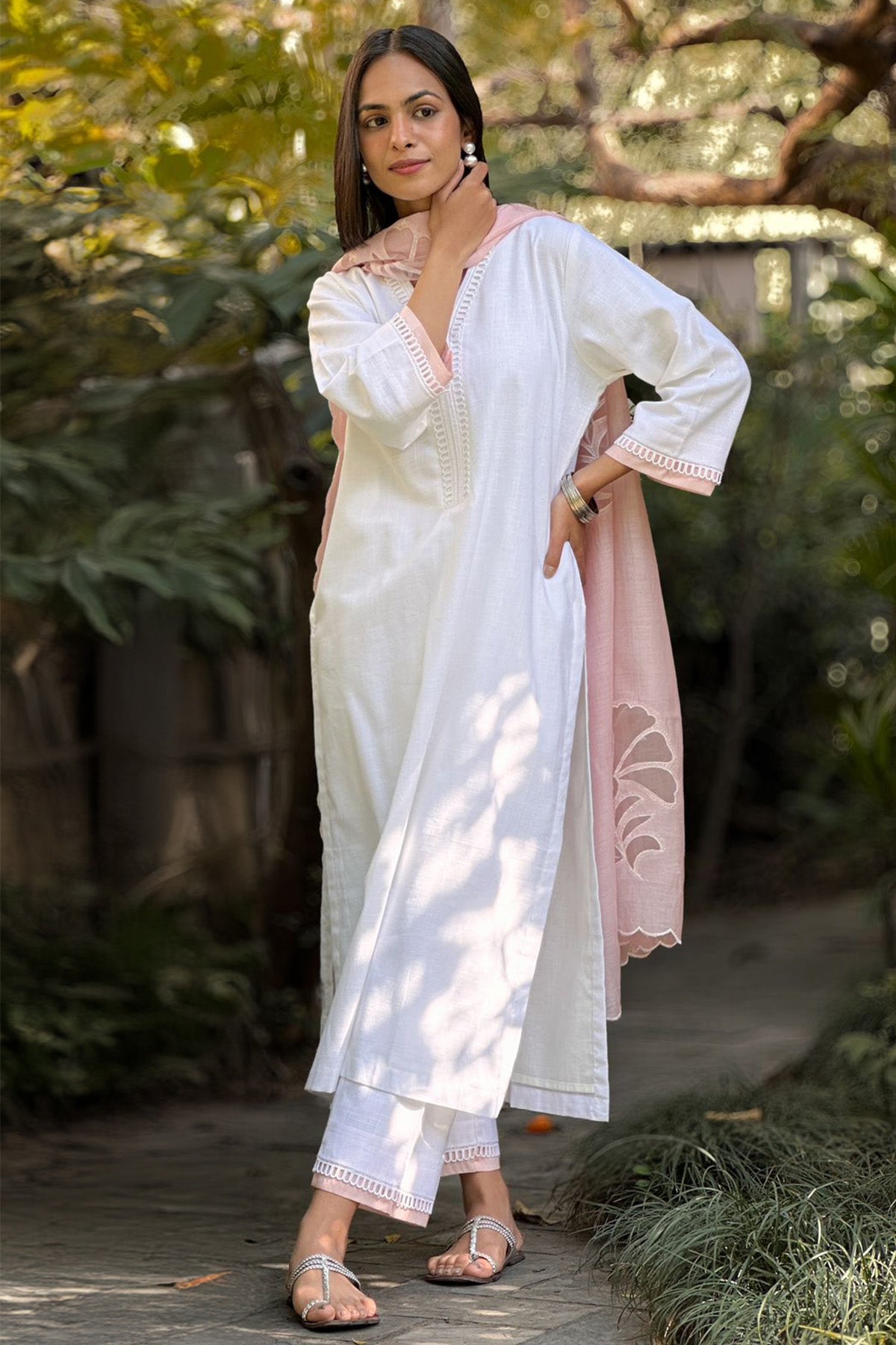 White Cotton Straight Kurta Set