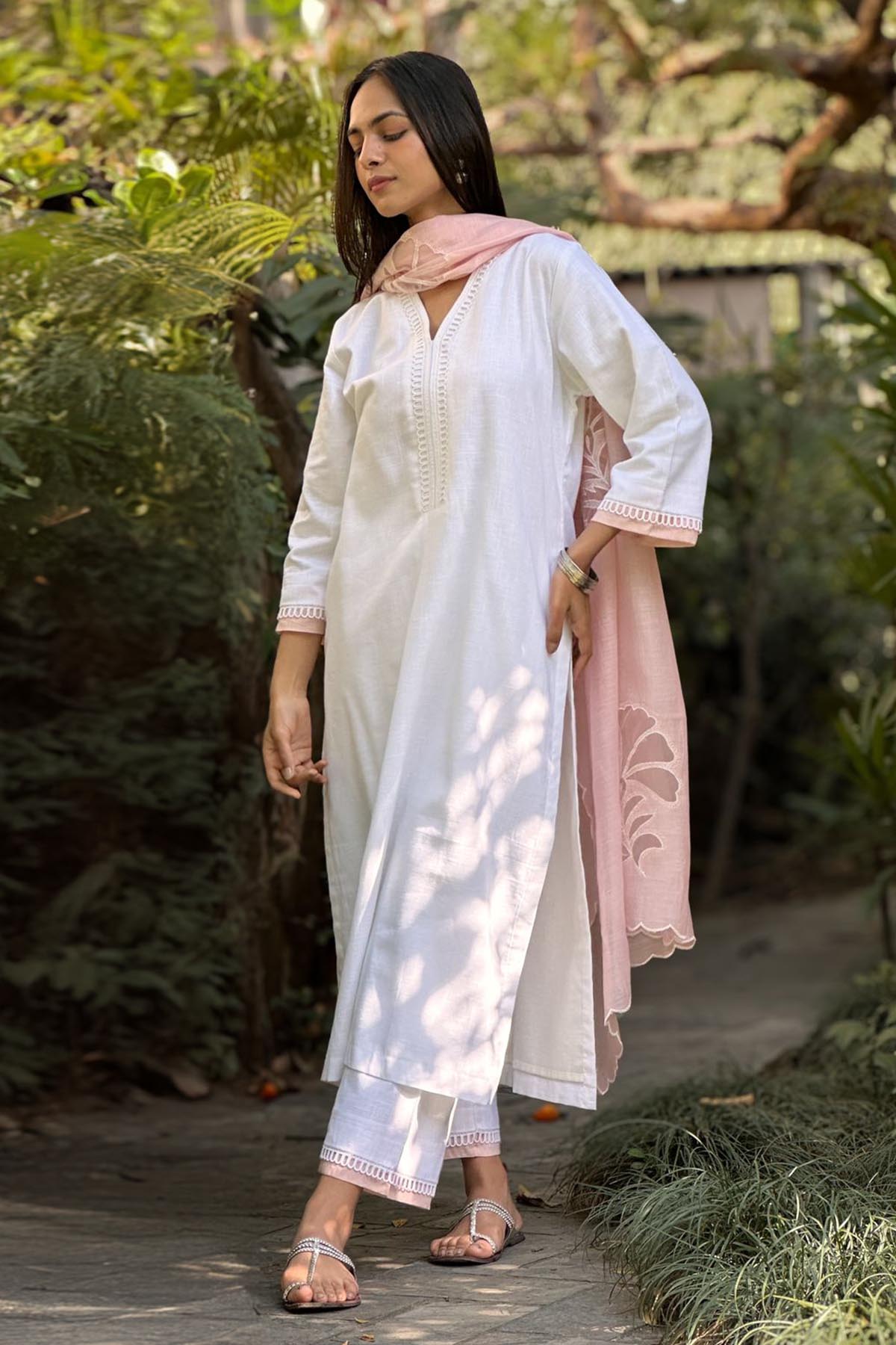 White Cotton Straight Kurta Set